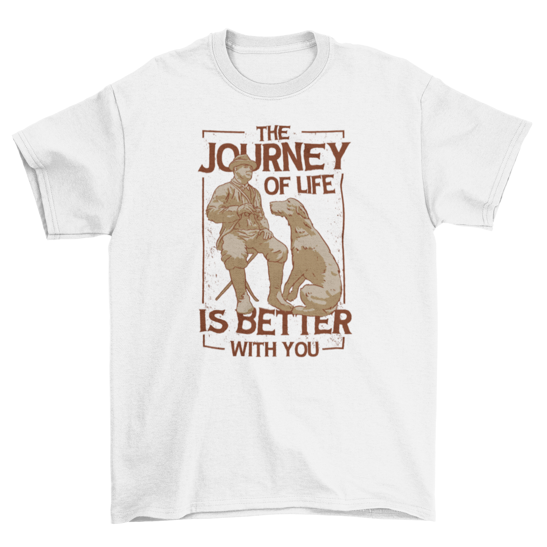 A t-shirt featuring a heartwarming design of a man and his dog with the quote 'The journey of life is better with you'.