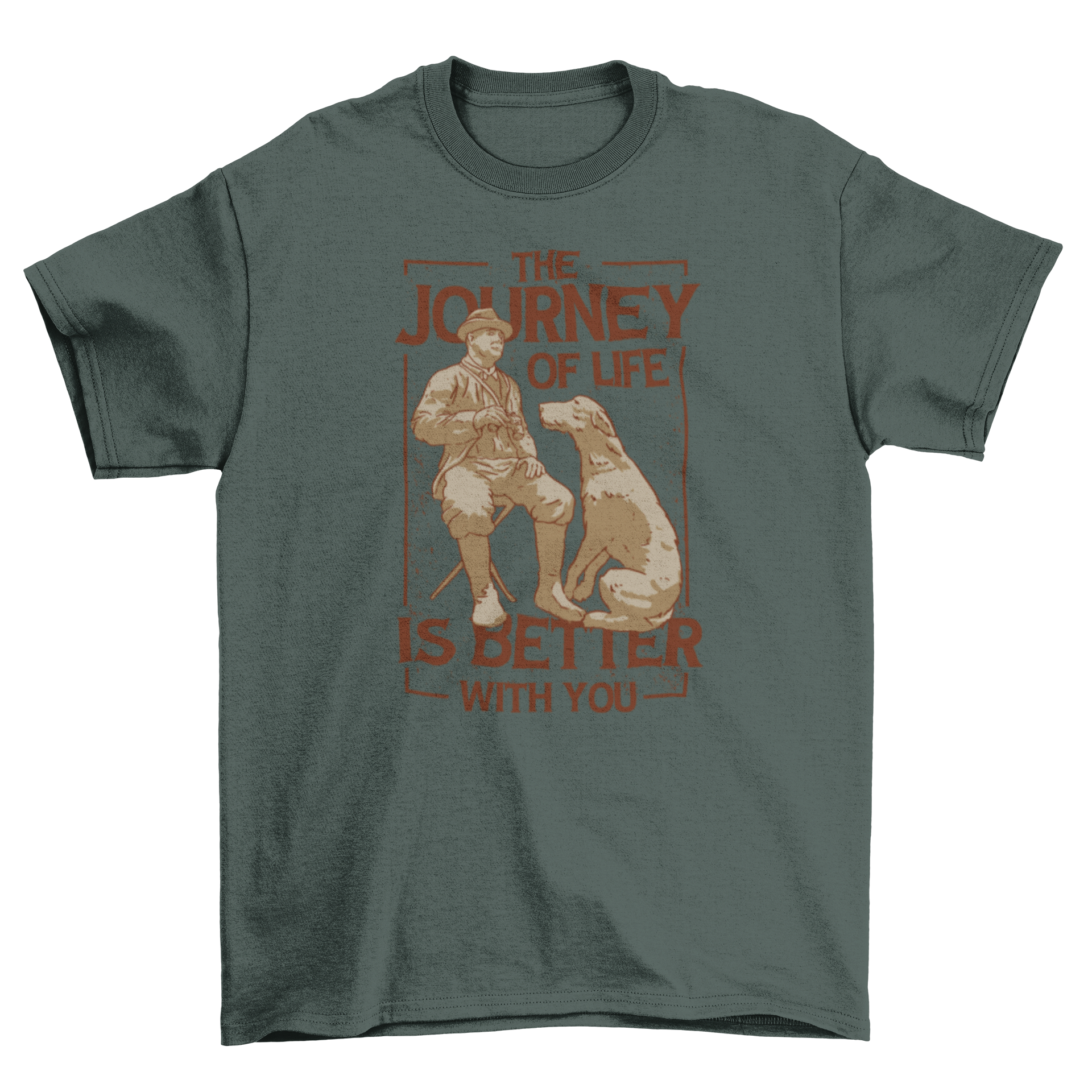 A t-shirt featuring a heartwarming design of a man and his dog with the quote 'The journey of life is better with you'.