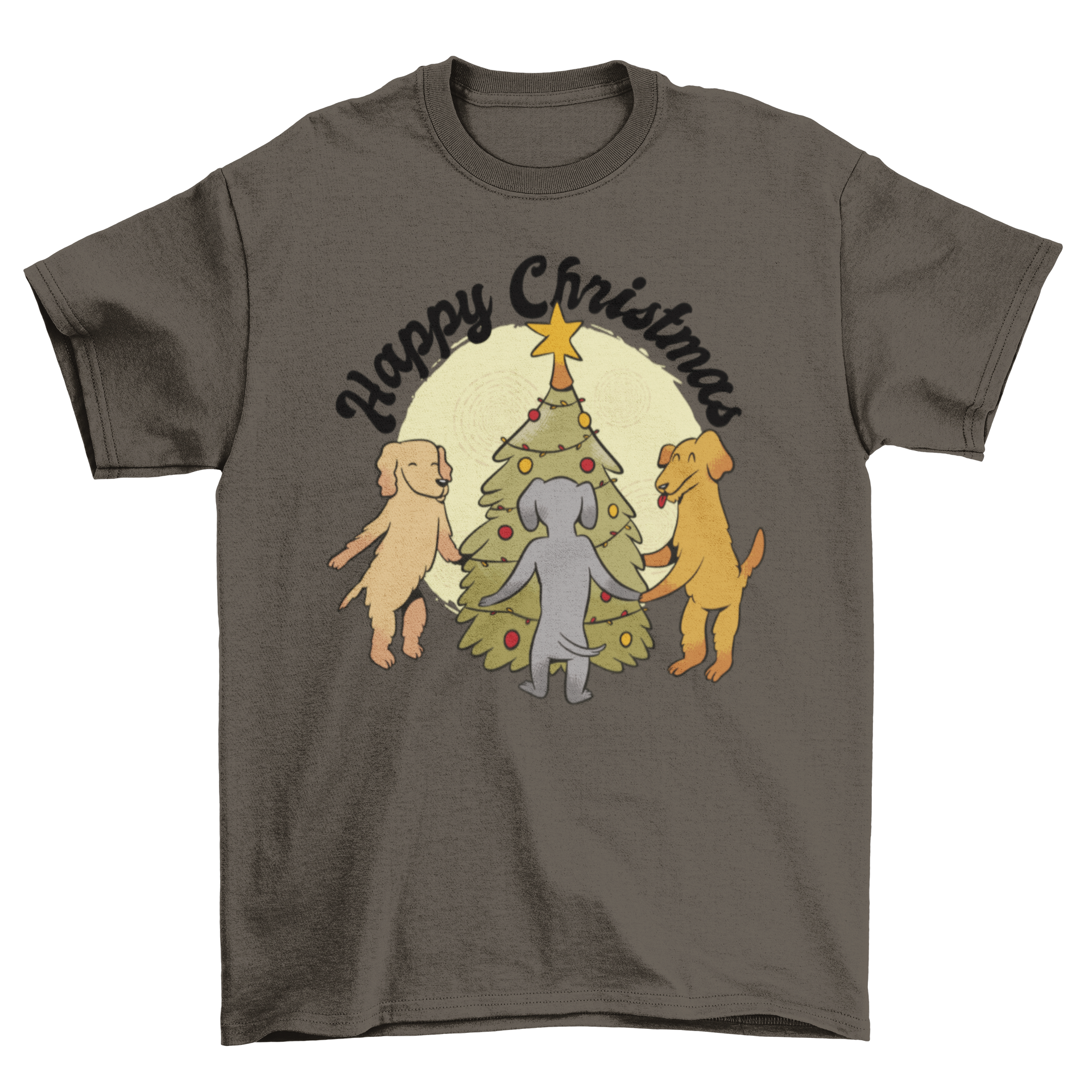 A cartoon t-shirt featuring playful dogs in a Christmas tree, adorned with colorful ornaments and lights.