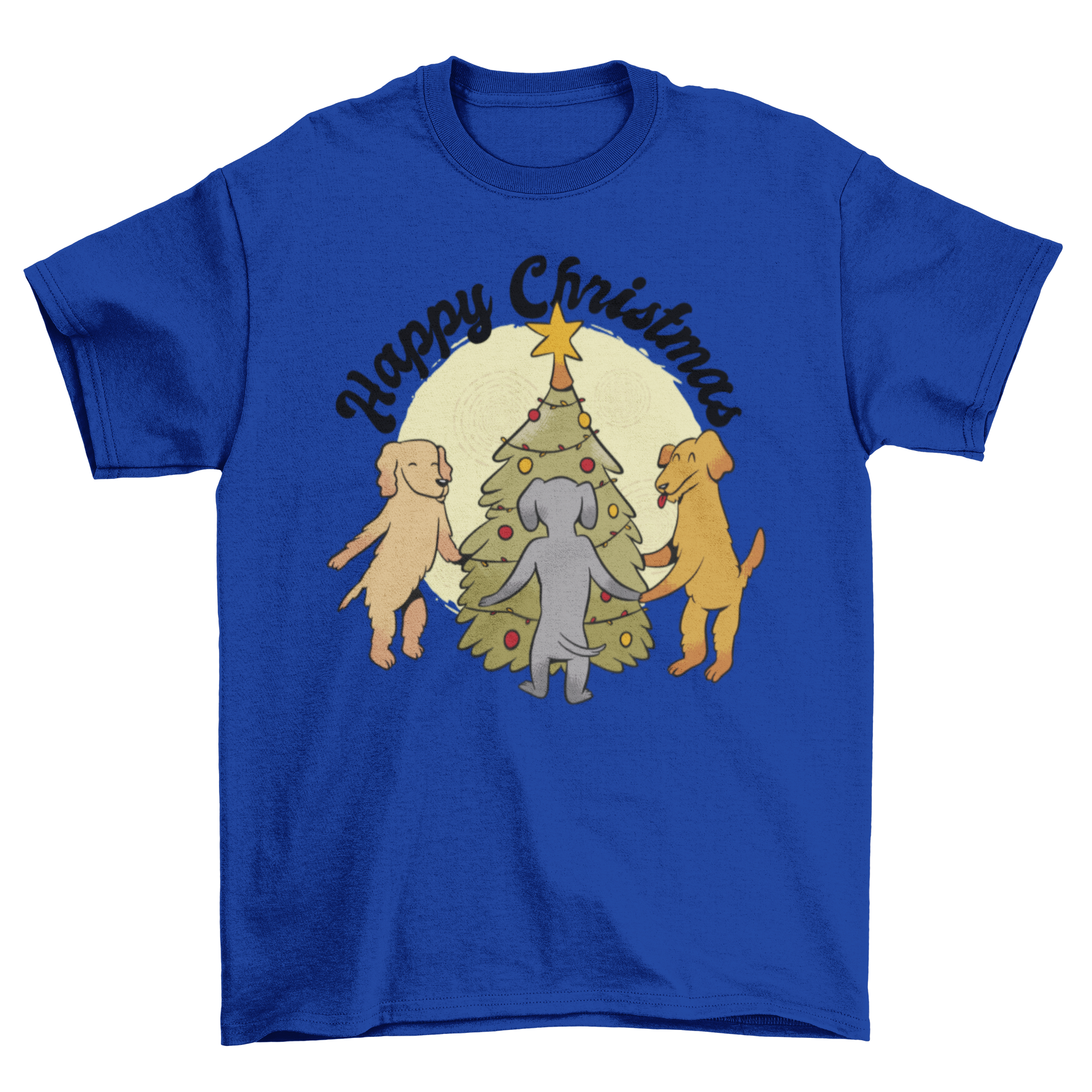 A cartoon t-shirt featuring playful dogs in a Christmas tree, adorned with colorful ornaments and lights.