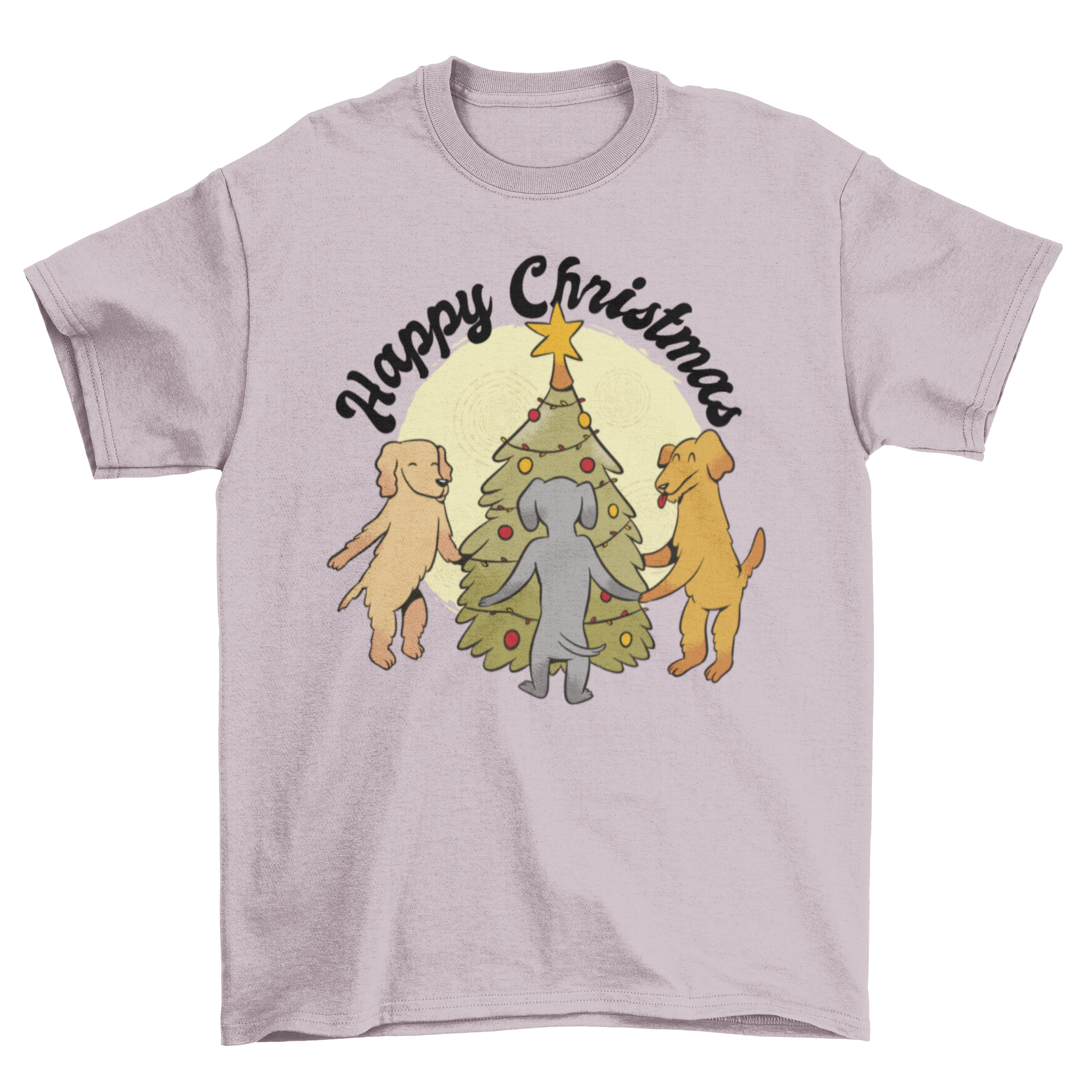 A cartoon t-shirt featuring playful dogs in a Christmas tree, adorned with colorful ornaments and lights.