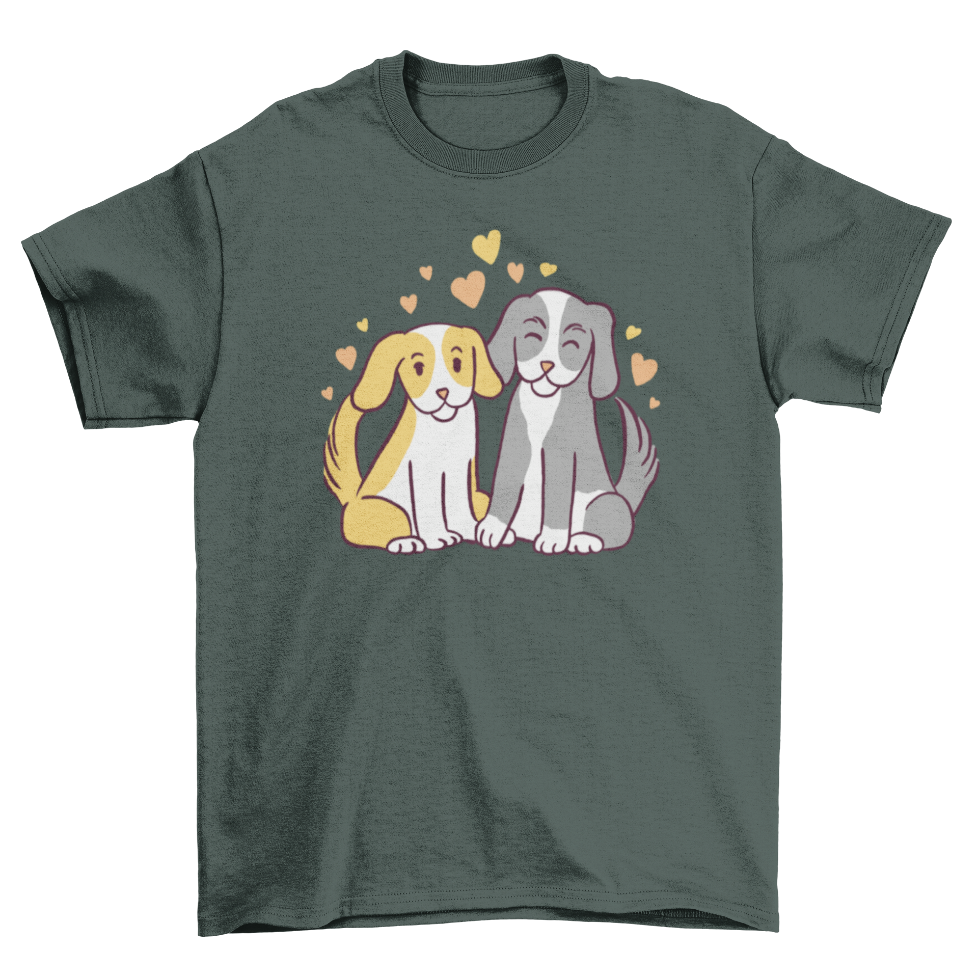 A cute t-shirt featuring two dogs in love, sitting together, showcasing a heartwarming design for dog lovers.