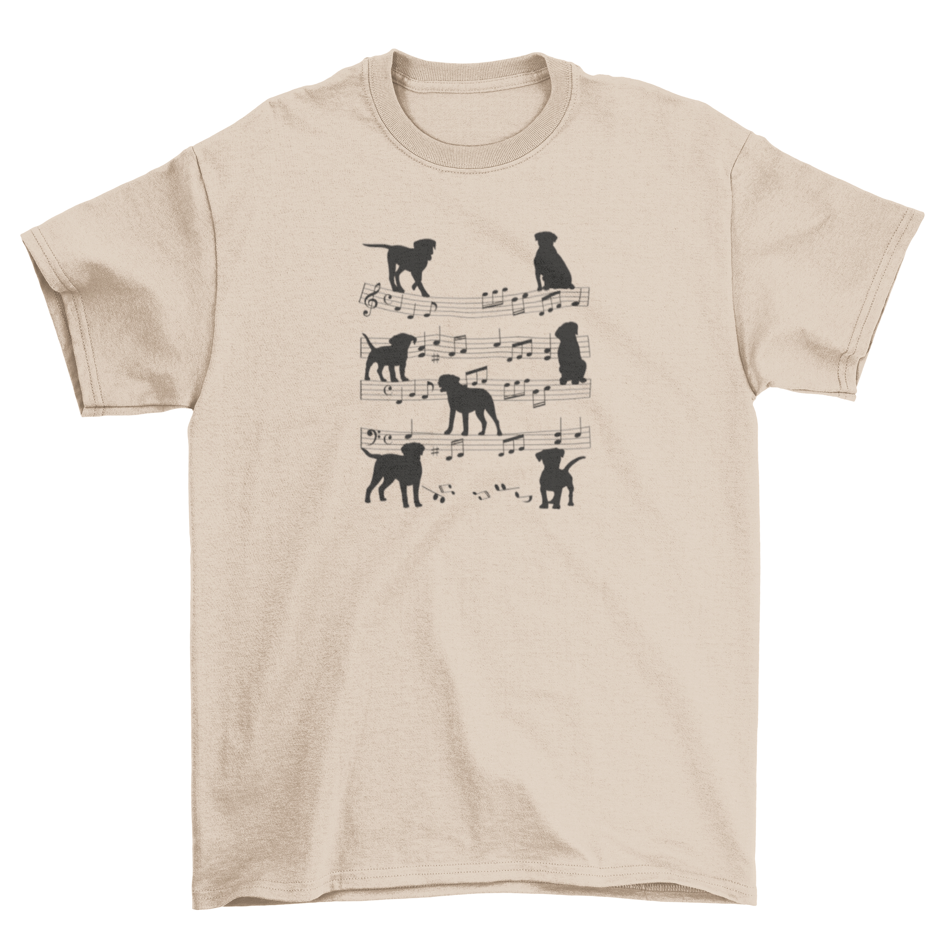 A stylish t-shirt featuring dogs on musical notes in silhouette style, perfect for music lovers.