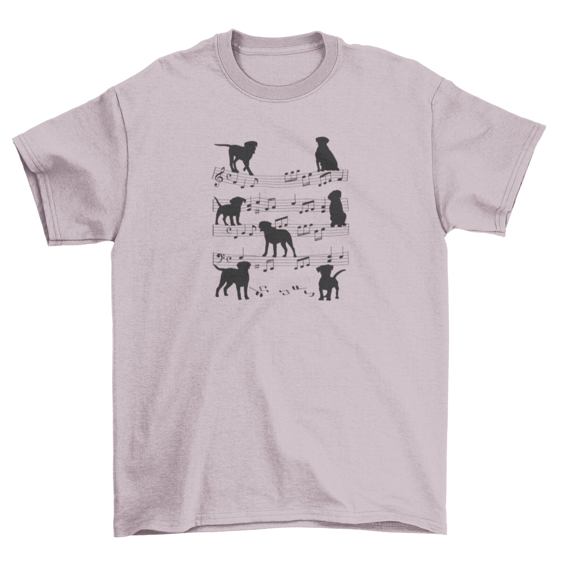 A stylish t-shirt featuring dogs on musical notes in silhouette style, perfect for music lovers.