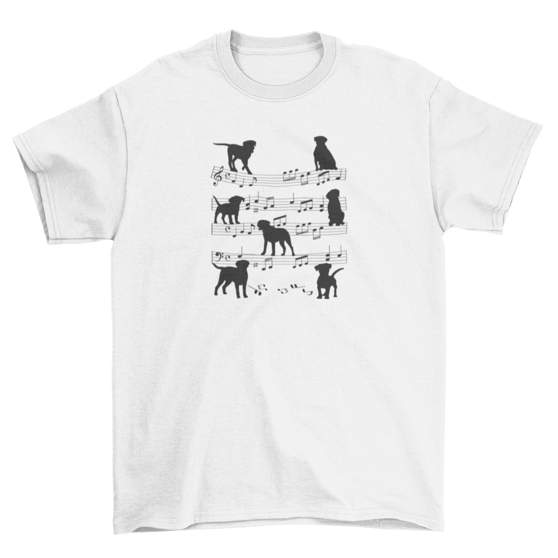 A stylish t-shirt featuring dogs on musical notes in silhouette style, perfect for music lovers.