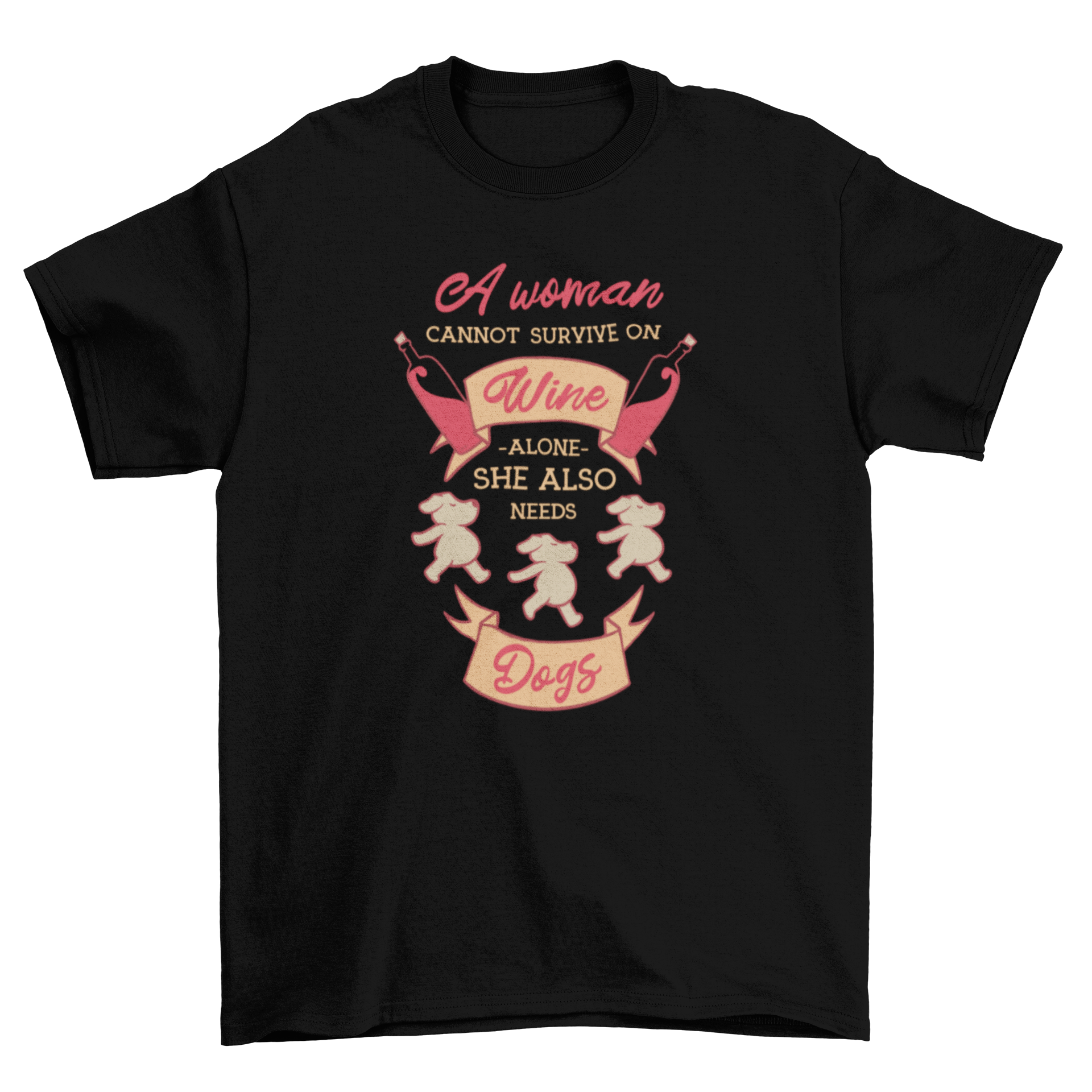 A stylish t-shirt featuring a quote about dogs and wine, with illustrations of dogs, ribbons, and wine bottles.