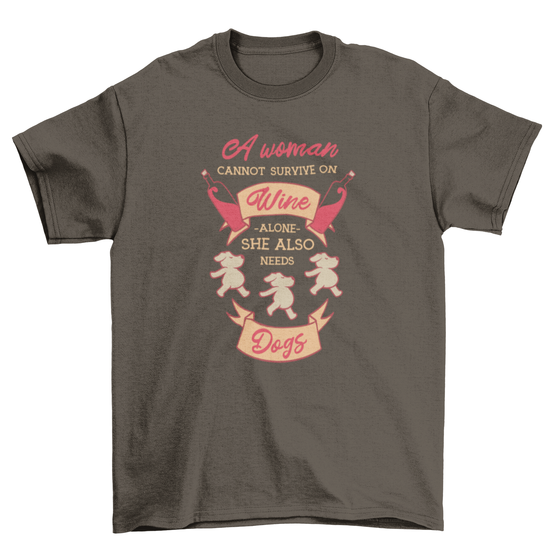 A stylish t-shirt featuring a quote about dogs and wine, with illustrations of dogs, ribbons, and wine bottles.