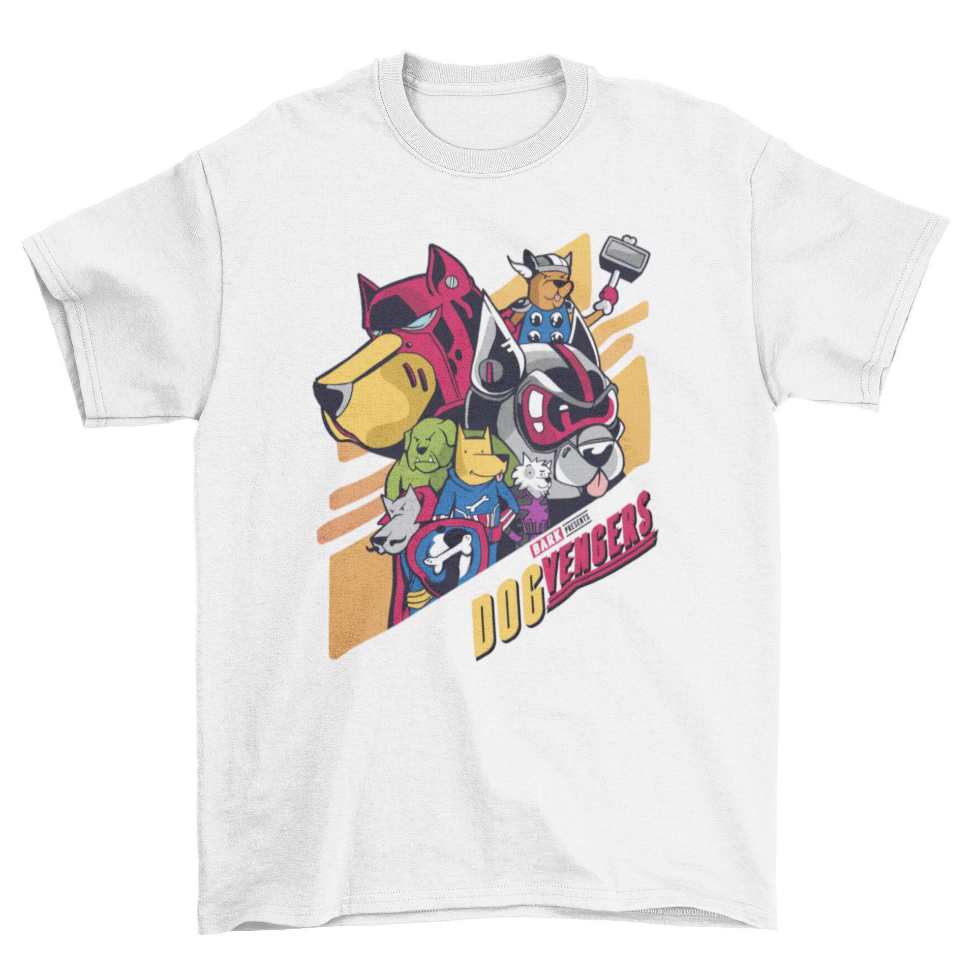 Dogvengers t-shirt featuring dogs in superhero costumes with the quote 'Dogvengers'.