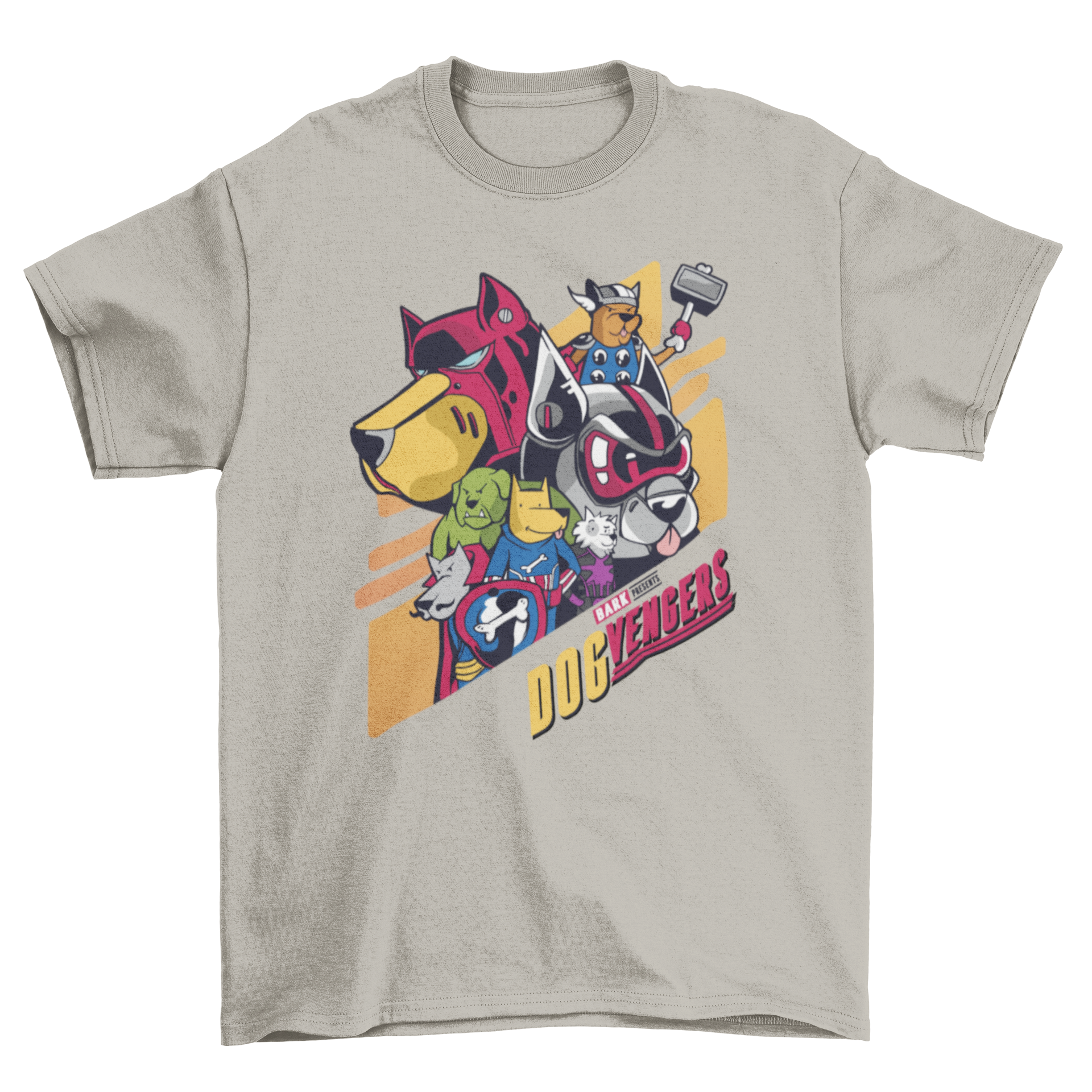 Dogvengers t-shirt featuring dogs in superhero costumes with the quote 'Dogvengers'.