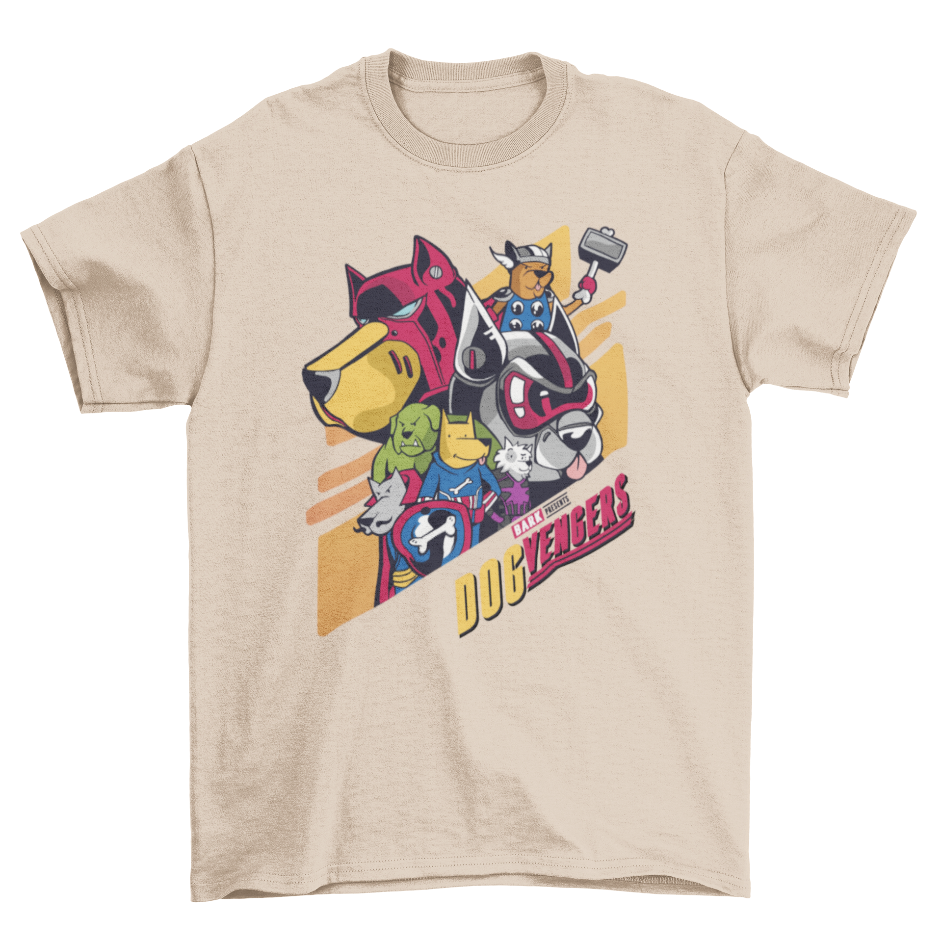 Dogvengers t-shirt featuring dogs in superhero costumes with the quote 'Dogvengers'.