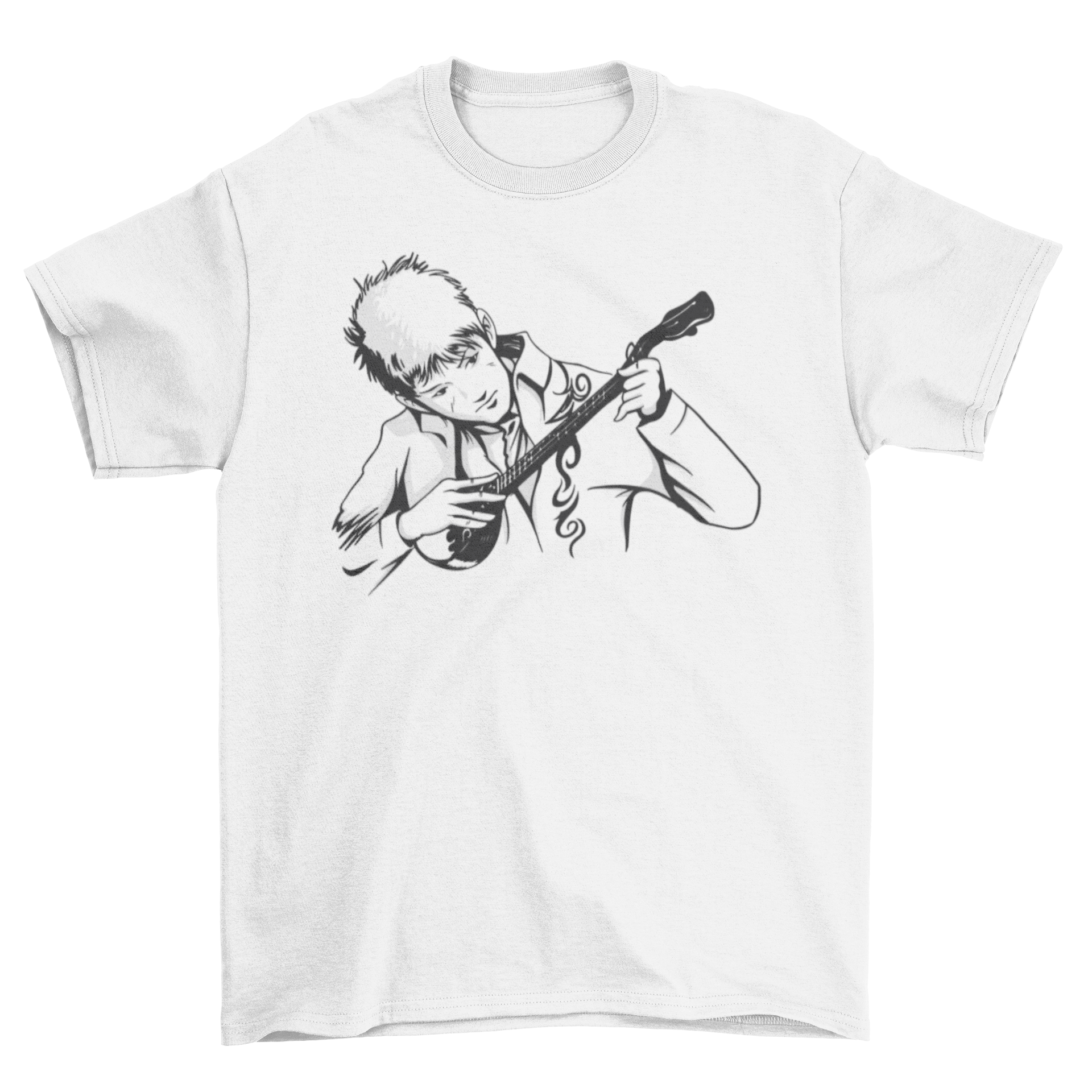 Dombra man t-shirt featuring a vibrant design of a man playing the dombra instrument.