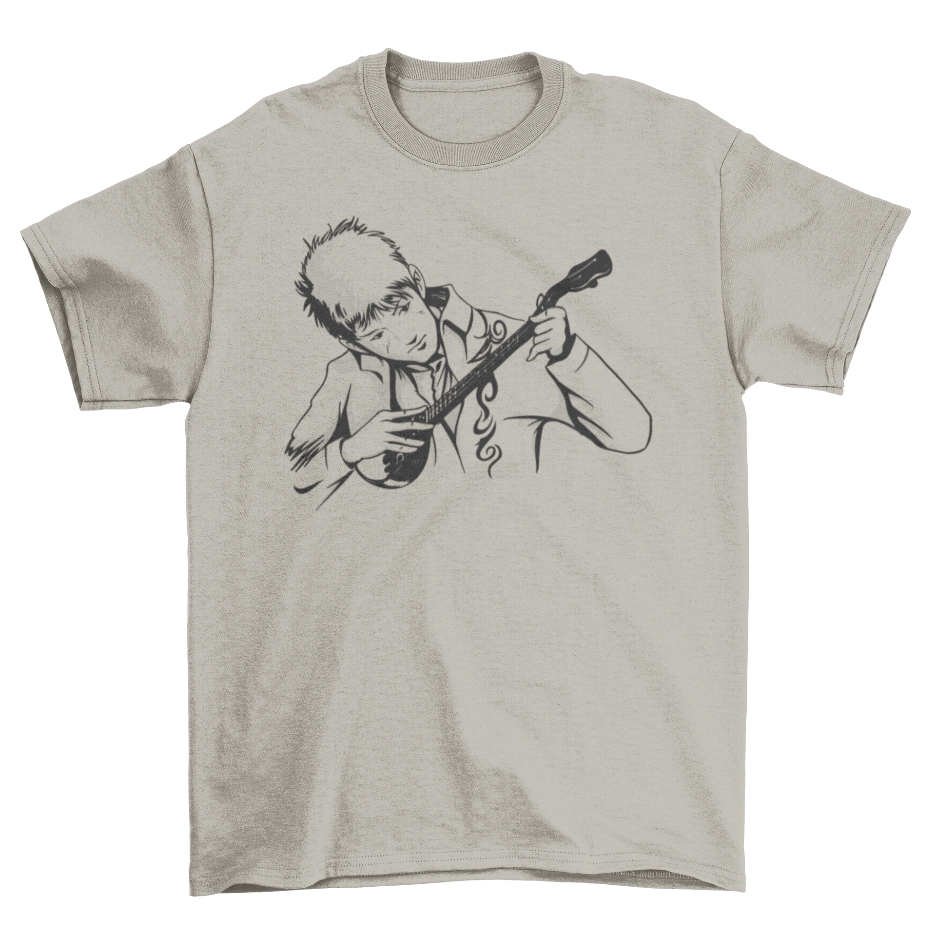 Dombra man t-shirt featuring a vibrant design of a man playing the dombra instrument.