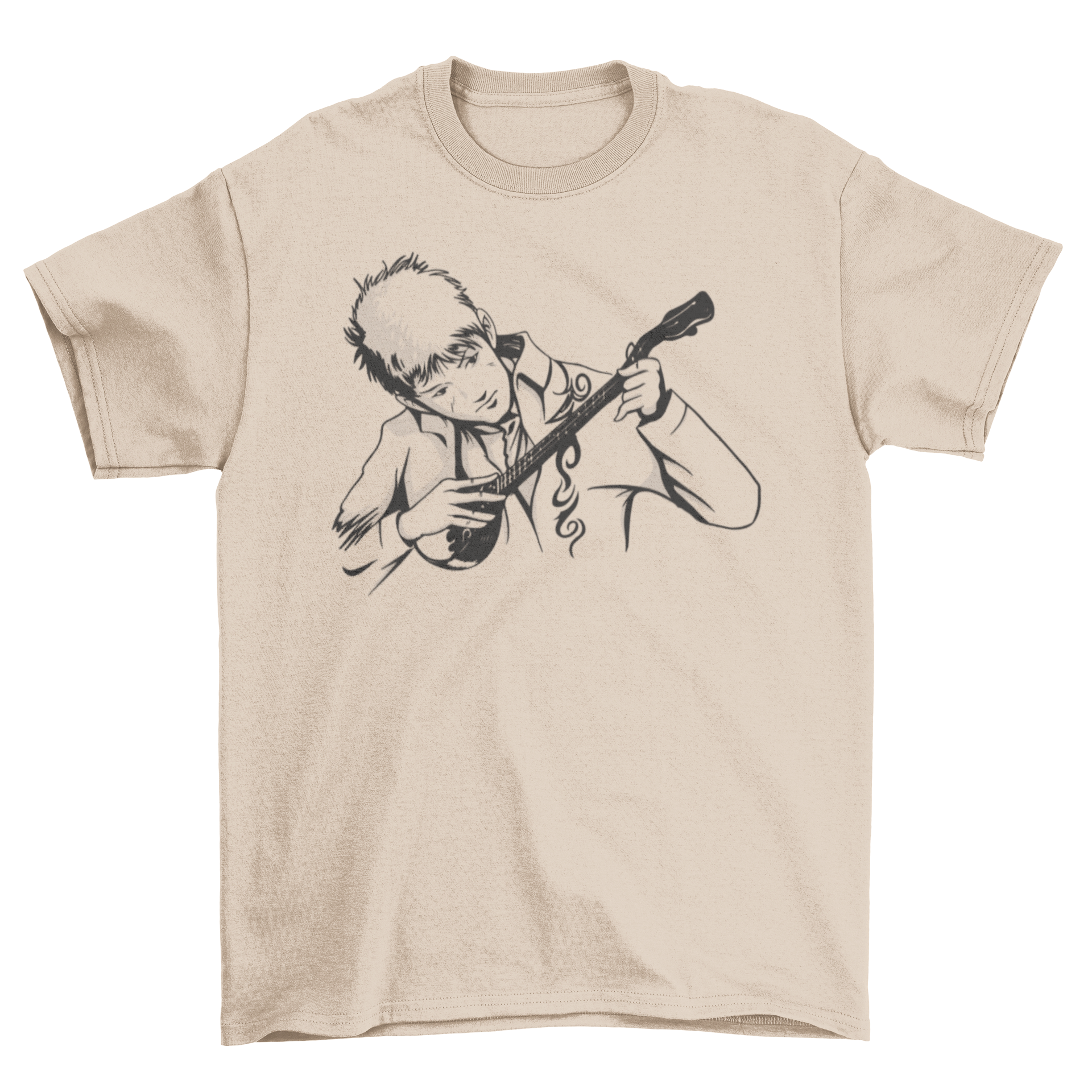 Dombra man t-shirt featuring a vibrant design of a man playing the dombra instrument.