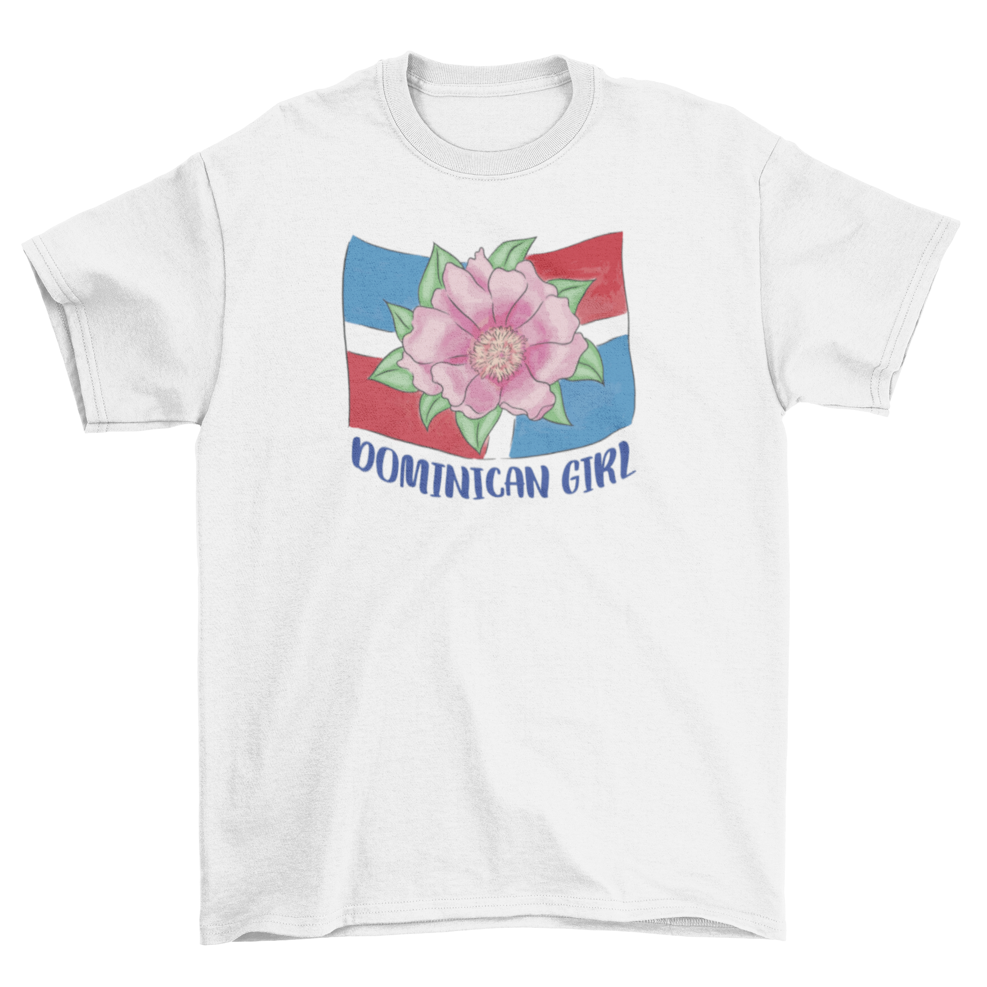 Dominican girl flag t-shirt featuring the vibrant Dominican Republic flag and a national flower design.