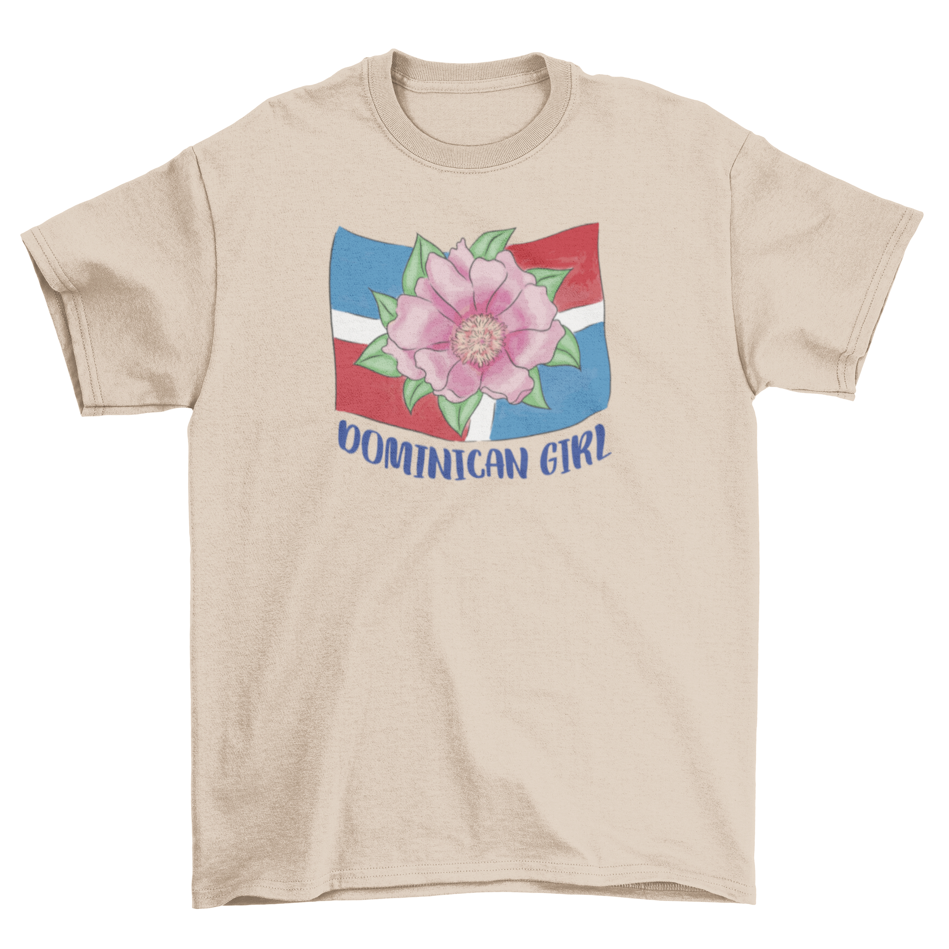 Dominican girl flag t-shirt featuring the vibrant Dominican Republic flag and a national flower design.