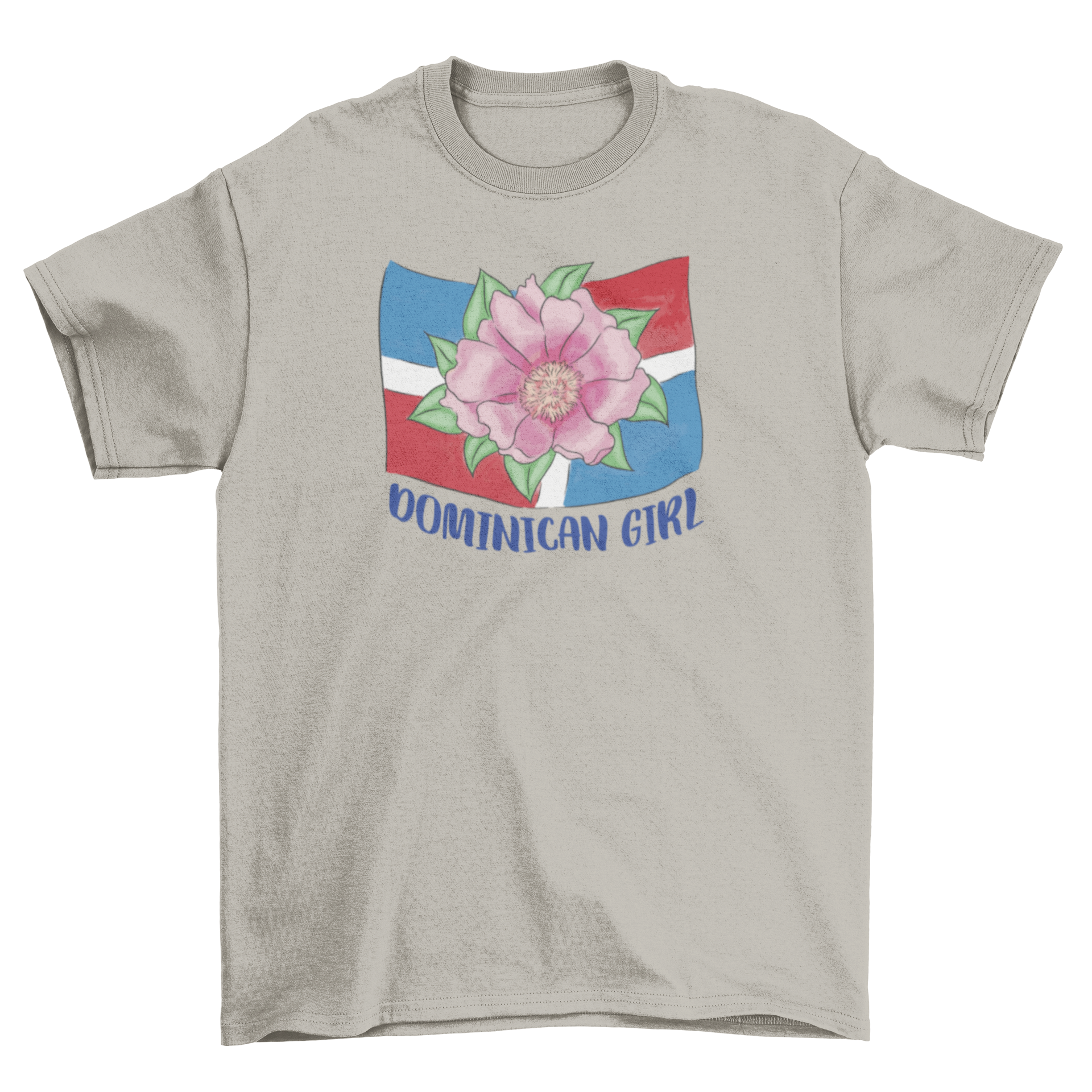 Dominican girl flag t-shirt featuring the vibrant Dominican Republic flag and a national flower design.