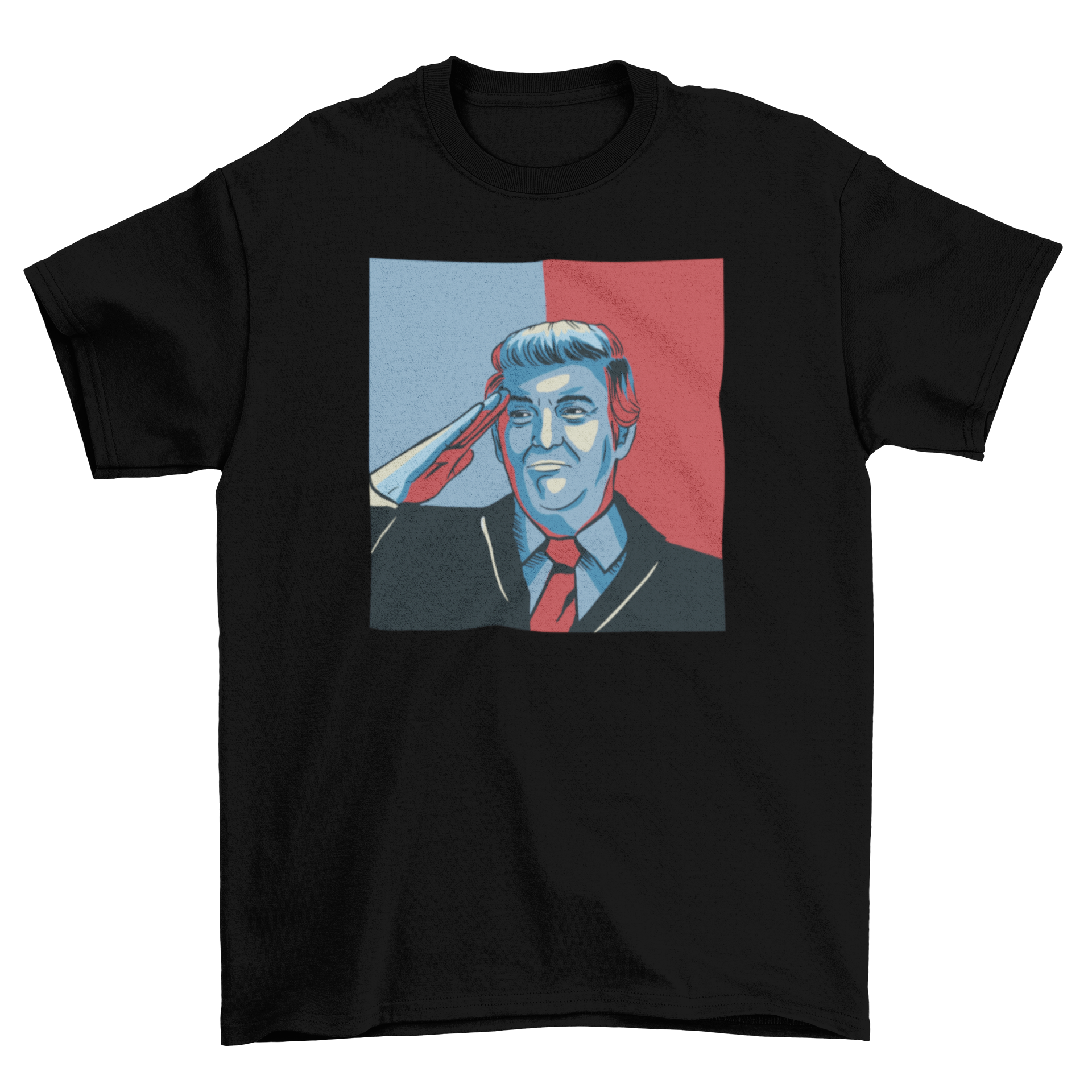 Donald Trump salute t-shirt featuring a bold illustration of Trump saluting, designed for supporters.