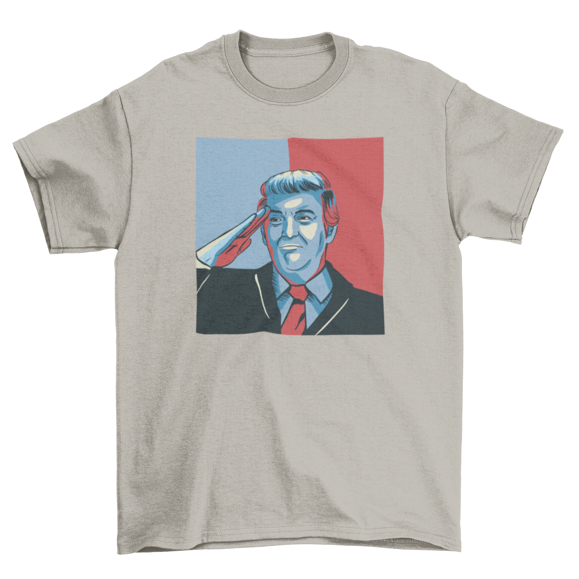 Donald Trump salute t-shirt featuring a bold illustration of Trump saluting, designed for supporters.