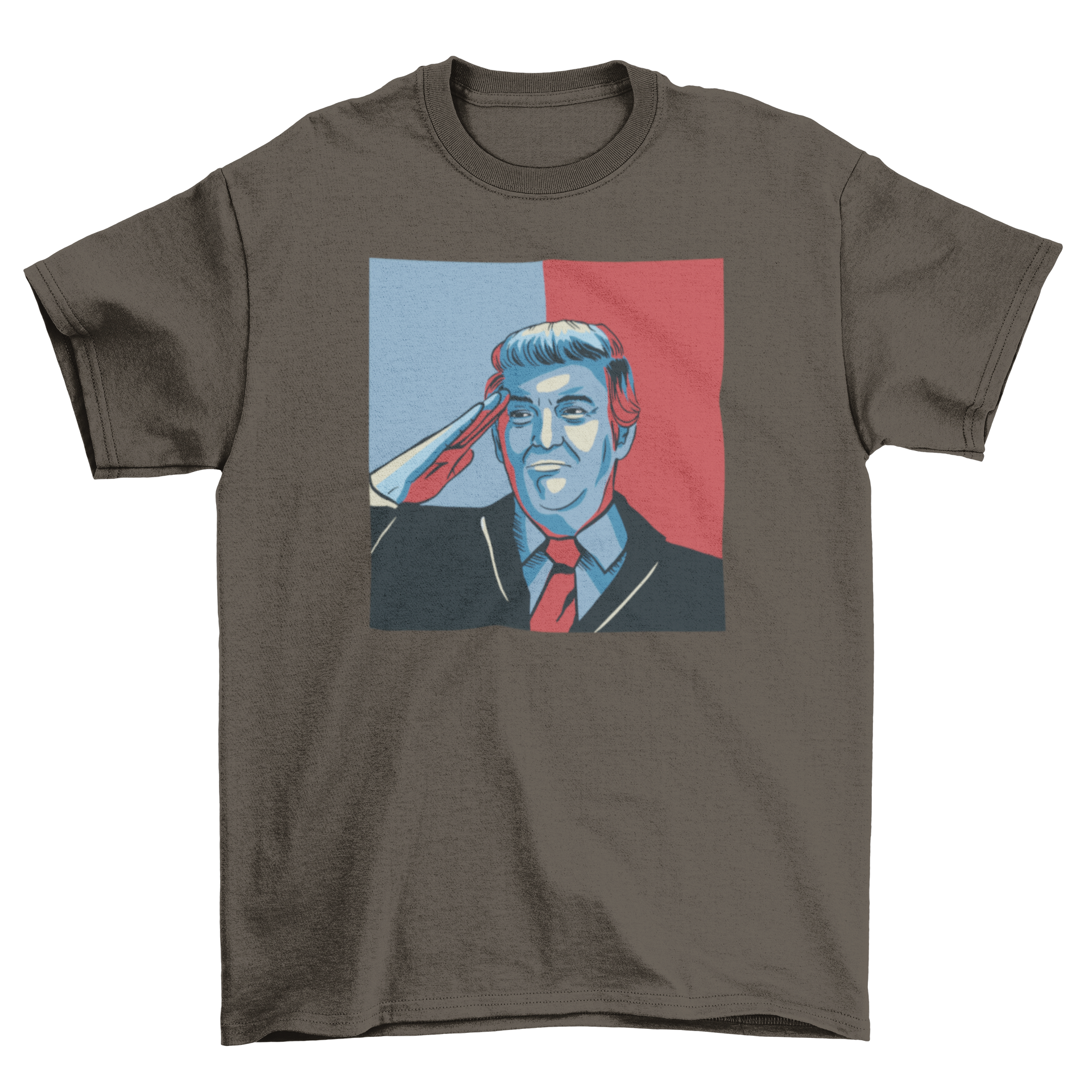 Donald Trump salute t-shirt featuring a bold illustration of Trump saluting, designed for supporters.