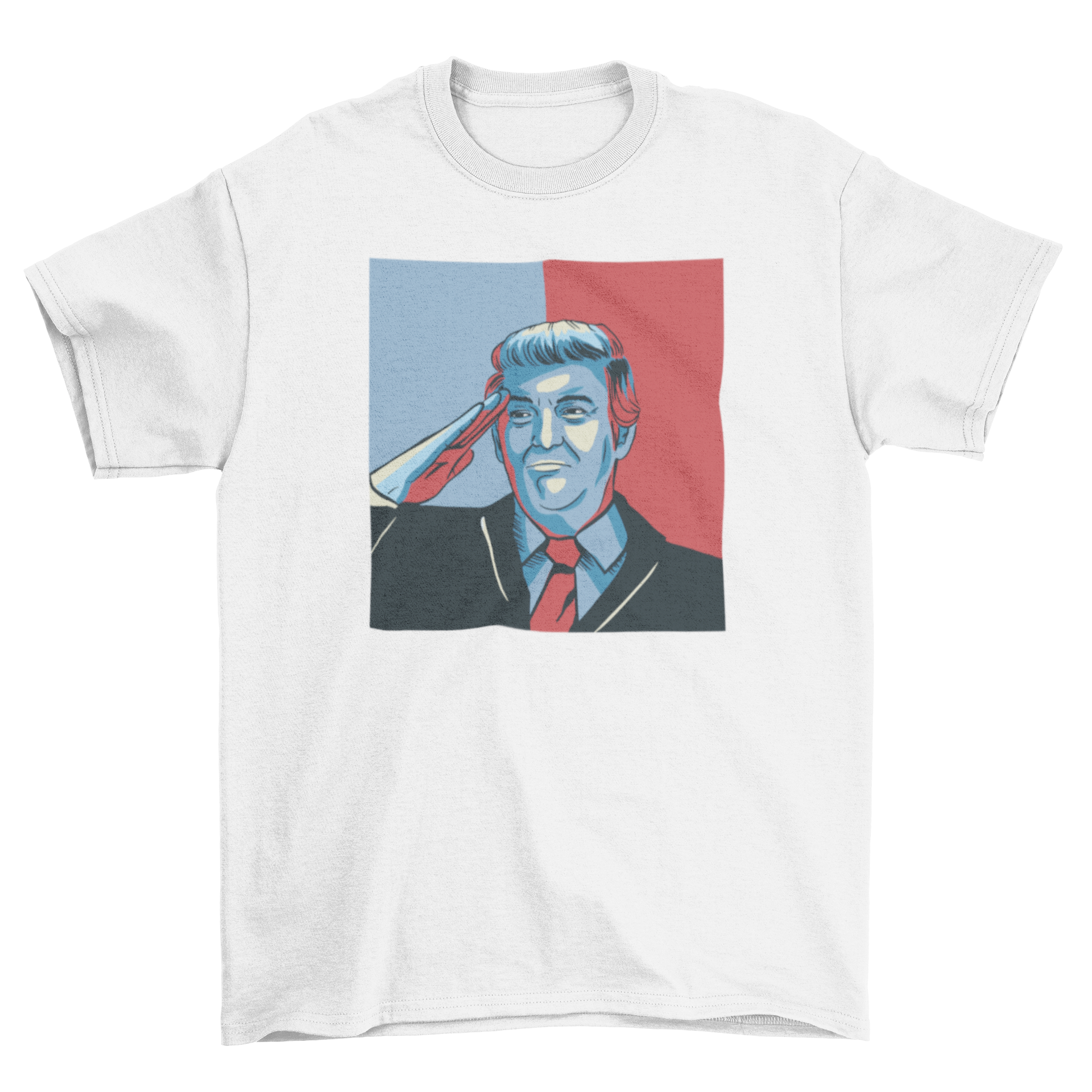 Donald Trump salute t-shirt featuring a bold illustration of Trump saluting, designed for supporters.