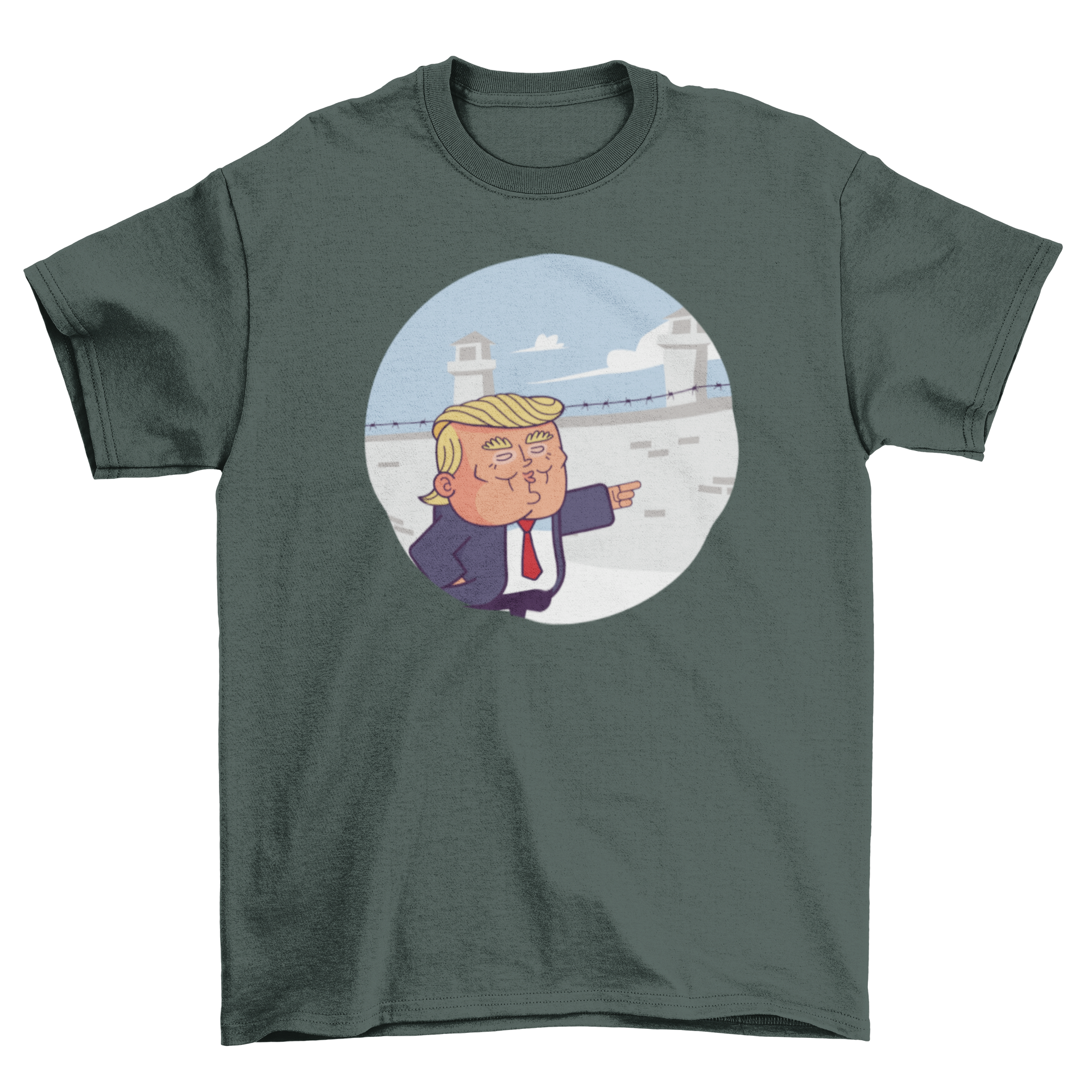 Cartoonish Donald Trump t-shirt design featuring Trump pointing at the border wall, showcasing a humorous political statement.