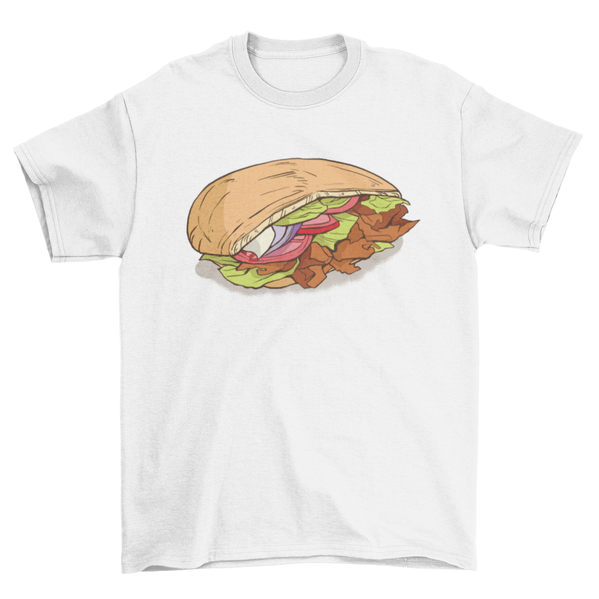 A stylish t-shirt featuring a colorful illustration of a doner kebab, showcasing its delicious layers and vibrant colors.