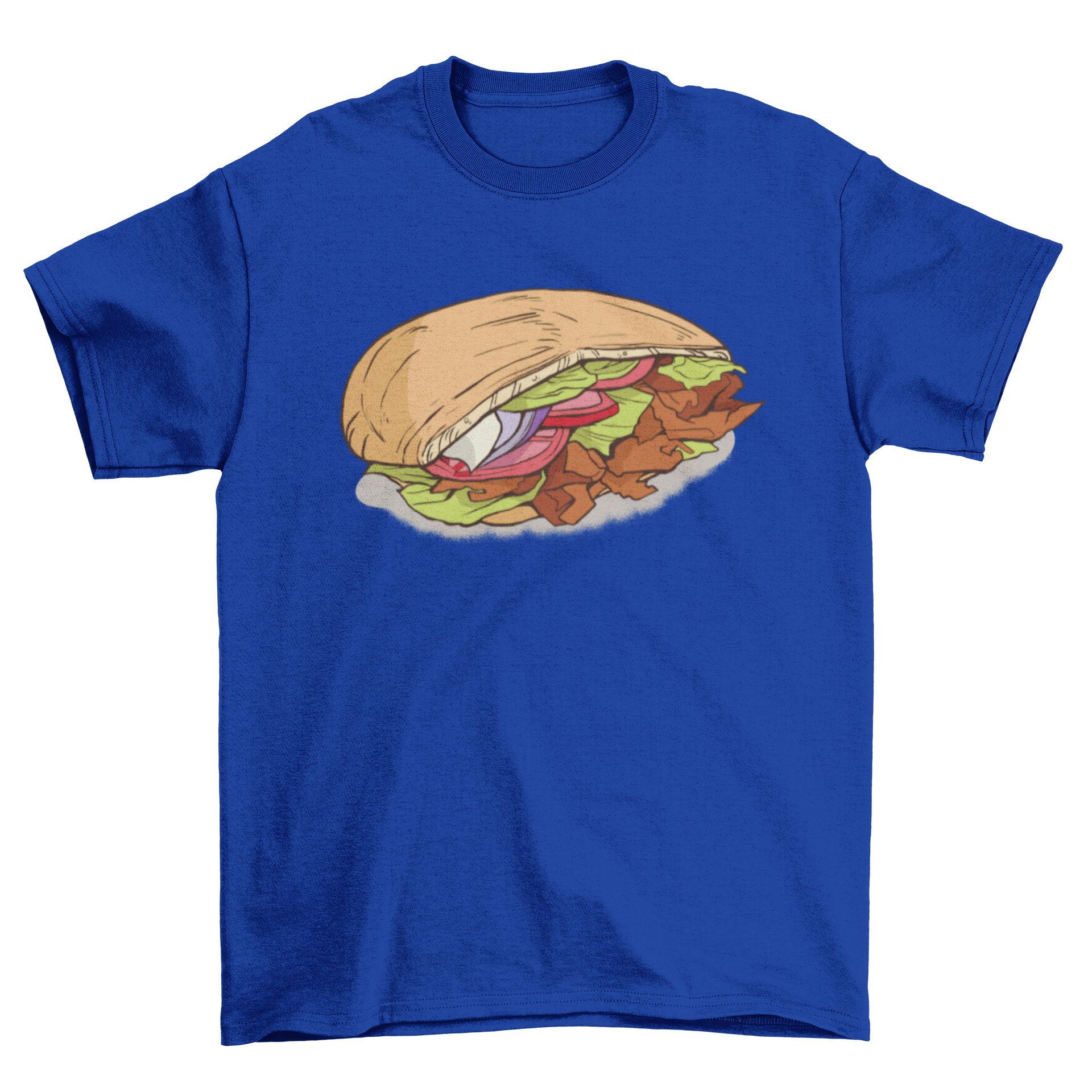 A stylish t-shirt featuring a colorful illustration of a doner kebab, showcasing its delicious layers and vibrant colors.