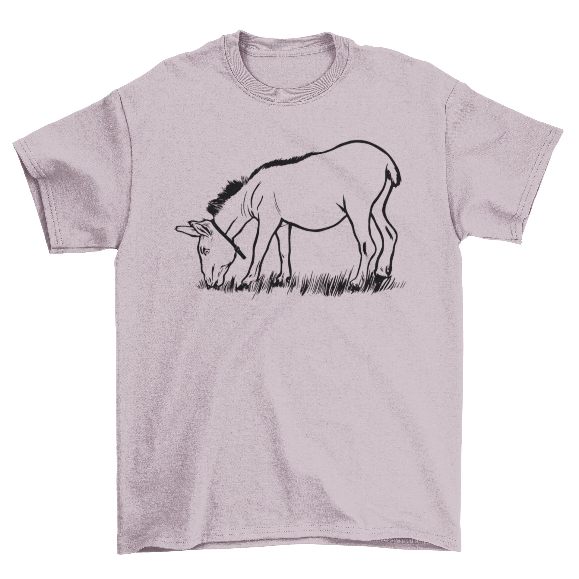 A stylish t-shirt featuring a whimsical illustration of a donkey eating, perfect for animal lovers.