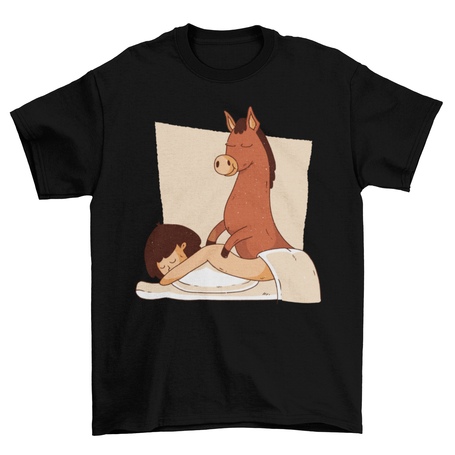 A humorous t-shirt featuring a donkey giving a massage to a woman, showcasing a playful and funny design.