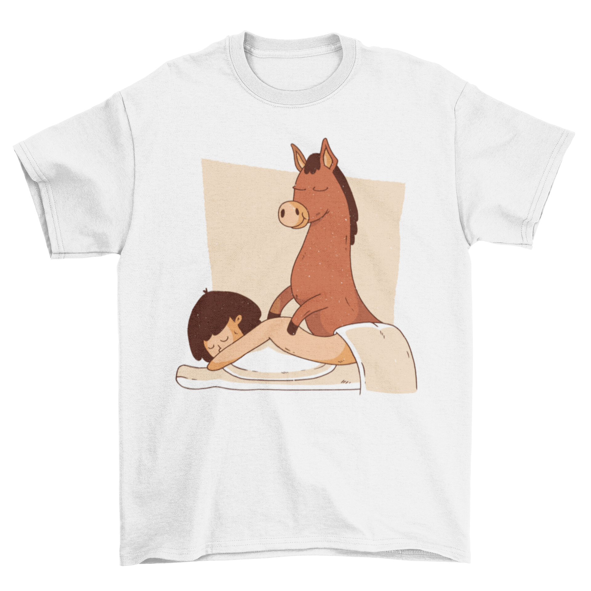 A humorous t-shirt featuring a donkey giving a massage to a woman, showcasing a playful and funny design.