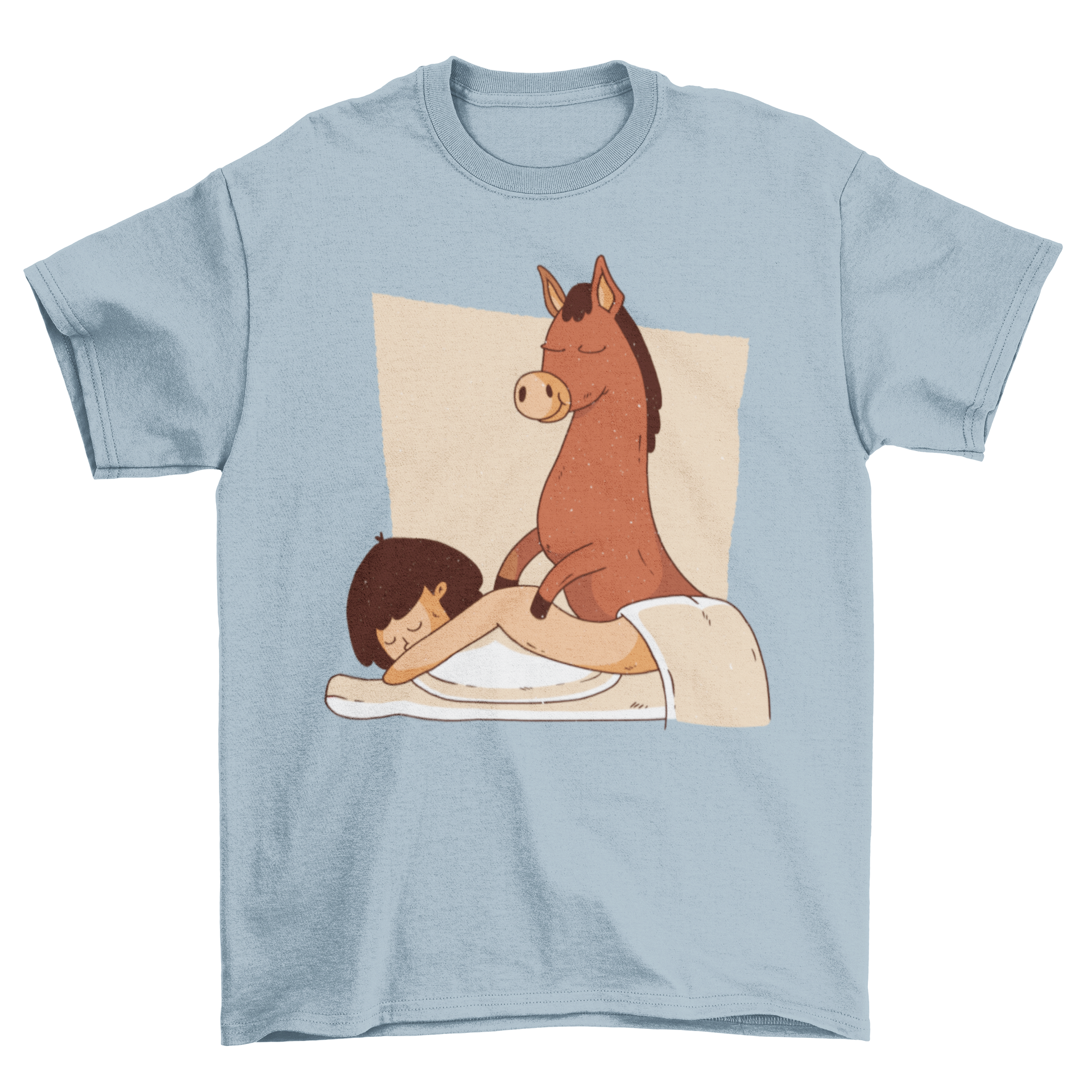 A humorous t-shirt featuring a donkey giving a massage to a woman, showcasing a playful and funny design.