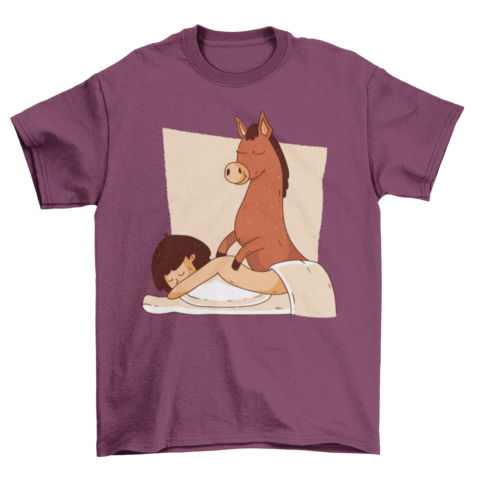 A humorous t-shirt featuring a donkey giving a massage to a woman, showcasing a playful and funny design.