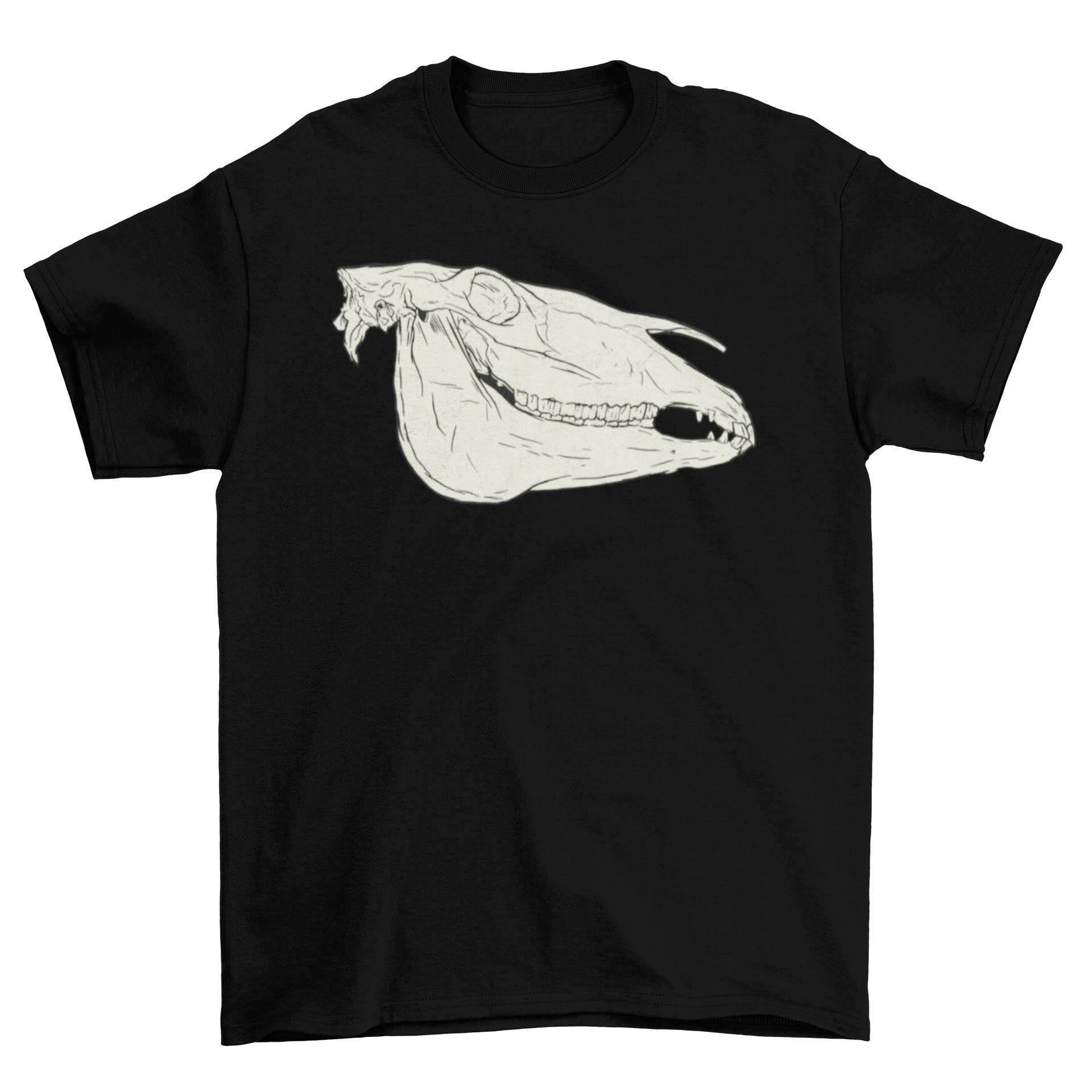 A stylish black t-shirt featuring a detailed side view graphic of a donkey skull.