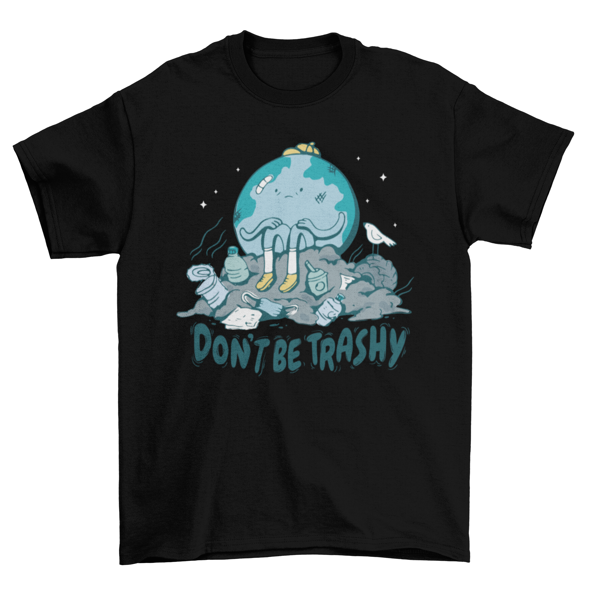 Don't be trashy Earth Day t-shirt featuring a sad Earth graphic on a pile of trash, promoting environmental awareness.