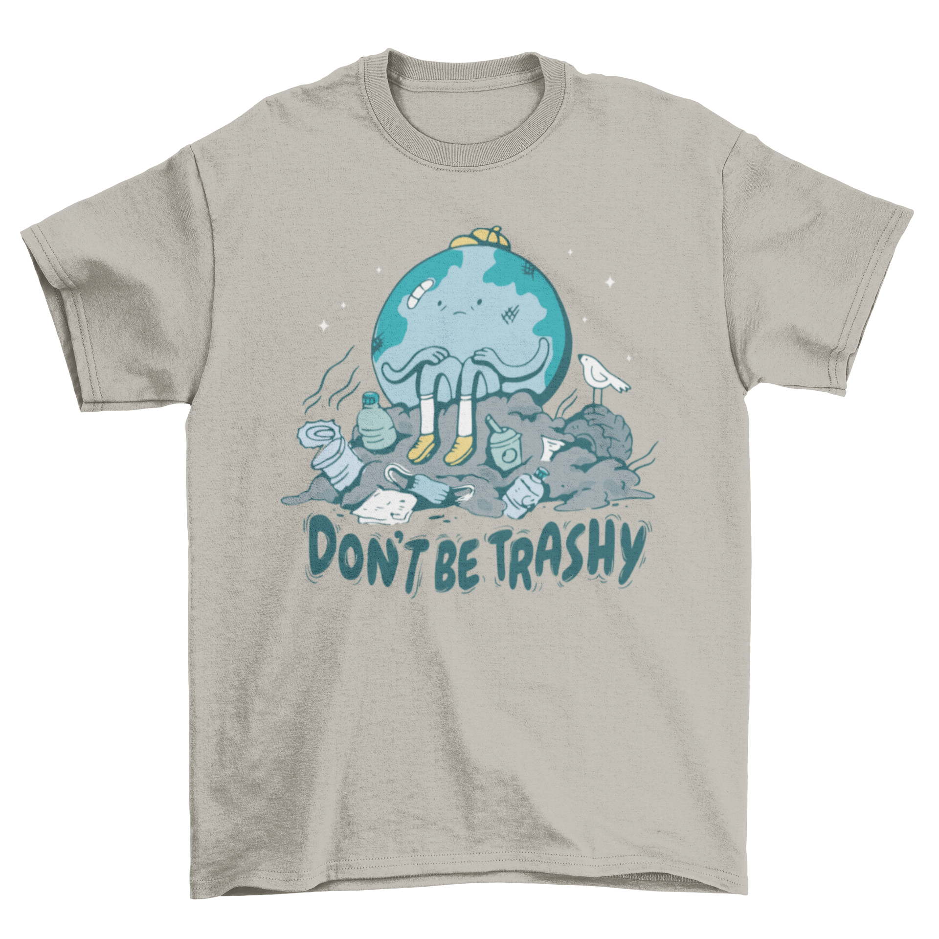 Don't be trashy Earth Day t-shirt featuring a sad Earth graphic on a pile of trash, promoting environmental awareness.