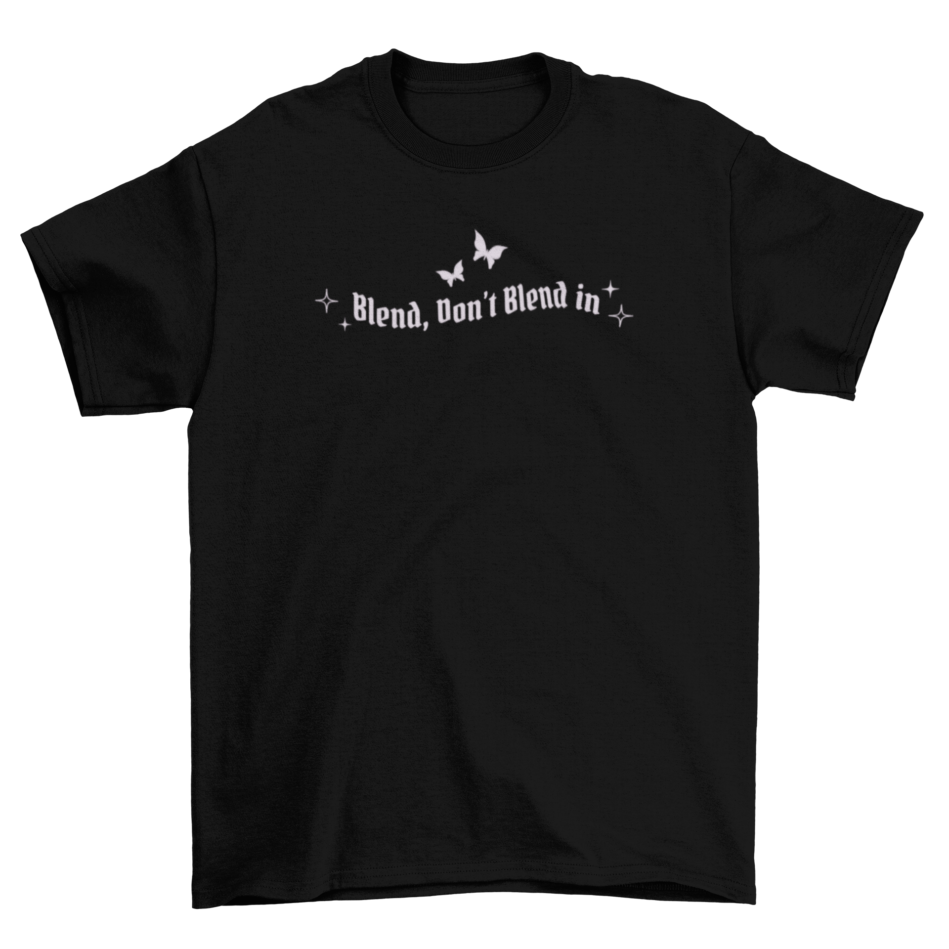 A stylish Y2K inspired t-shirt featuring two butterflies and the quote 'Blend, don't blend in'.