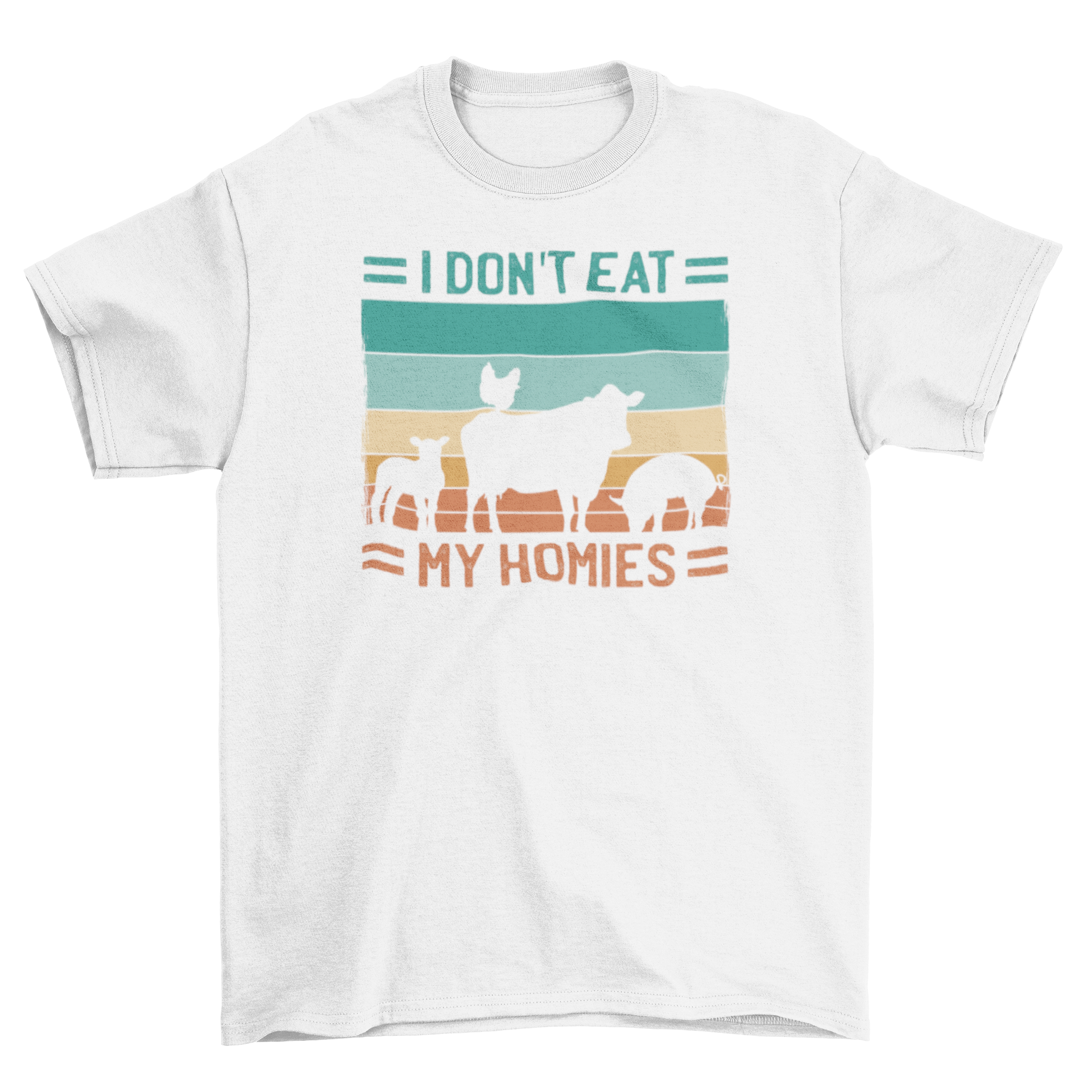 A stylish vegan t-shirt featuring farm animal silhouettes and the quote 'I don't eat my homies', promoting animal rights.