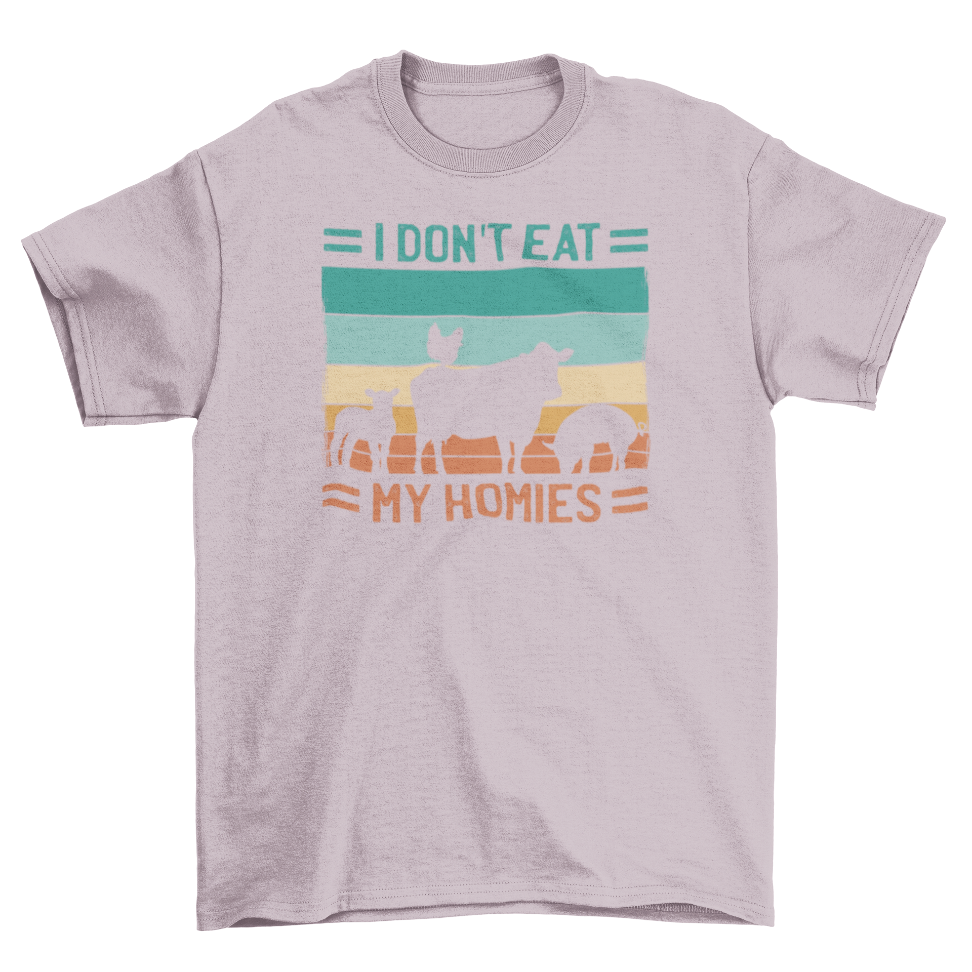 A stylish vegan t-shirt featuring farm animal silhouettes and the quote 'I don't eat my homies', promoting animal rights.