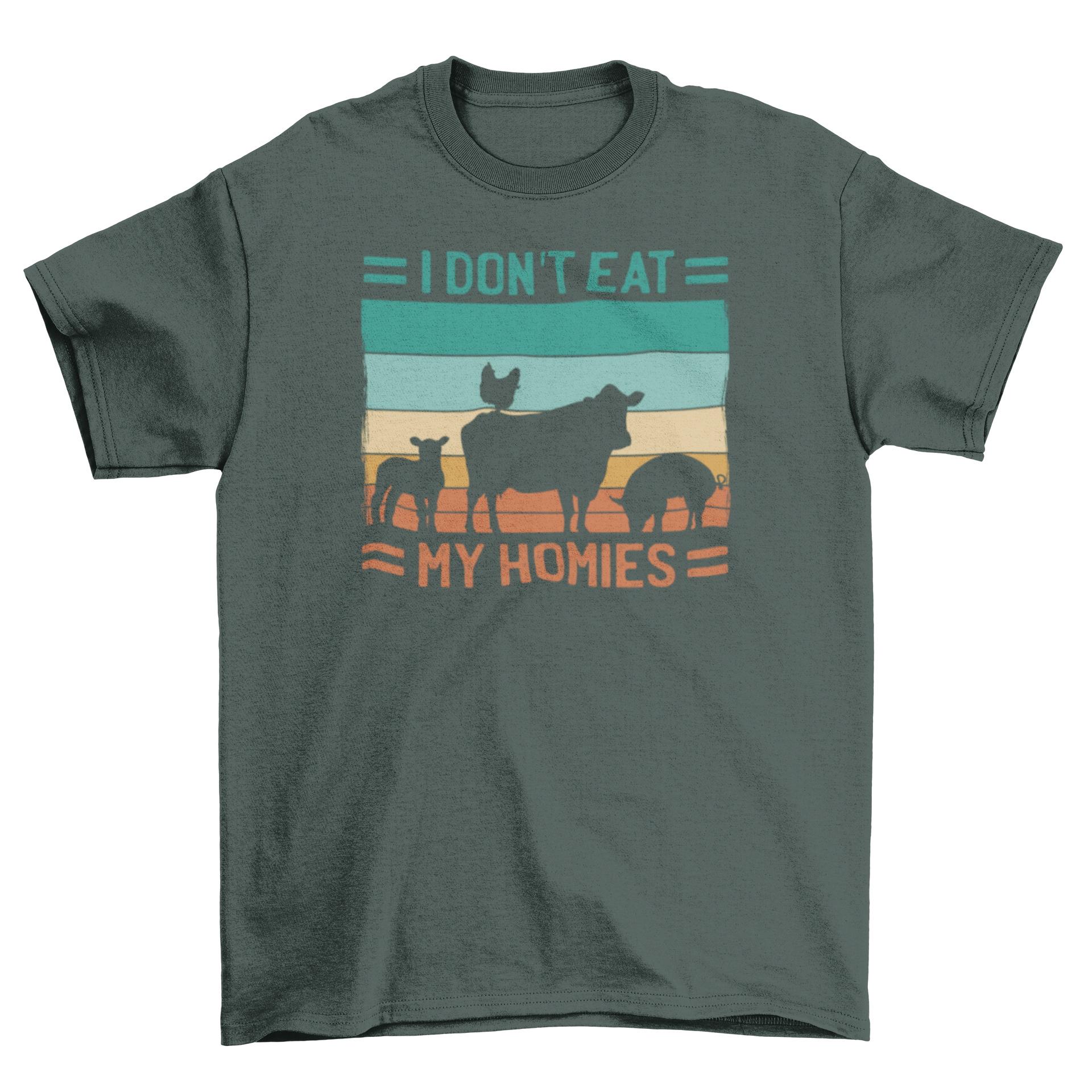 A stylish vegan t-shirt featuring farm animal silhouettes and the quote 'I don't eat my homies', promoting animal rights.