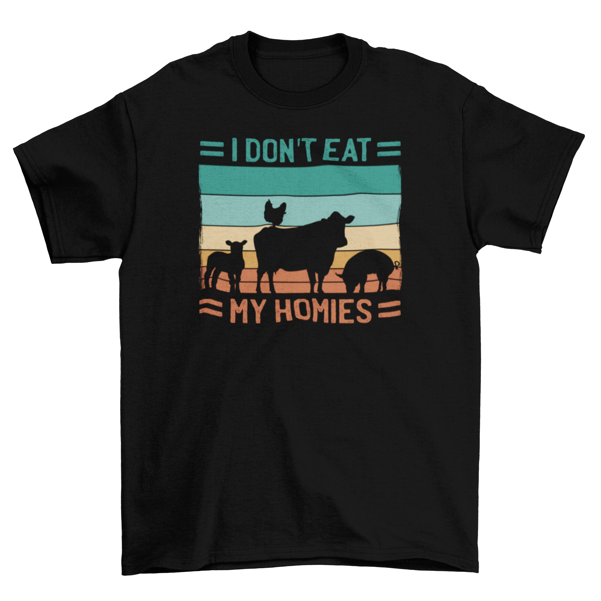 A stylish vegan t-shirt featuring farm animal silhouettes and the quote 'I don't eat my homies', promoting animal rights.