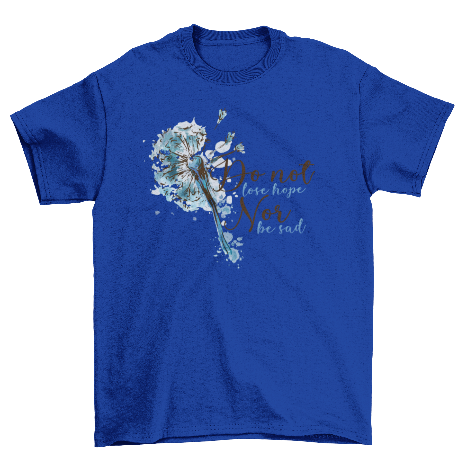 Don't Lose Hope T-shirt featuring a watercolor dandelion illustration and handwritten text.