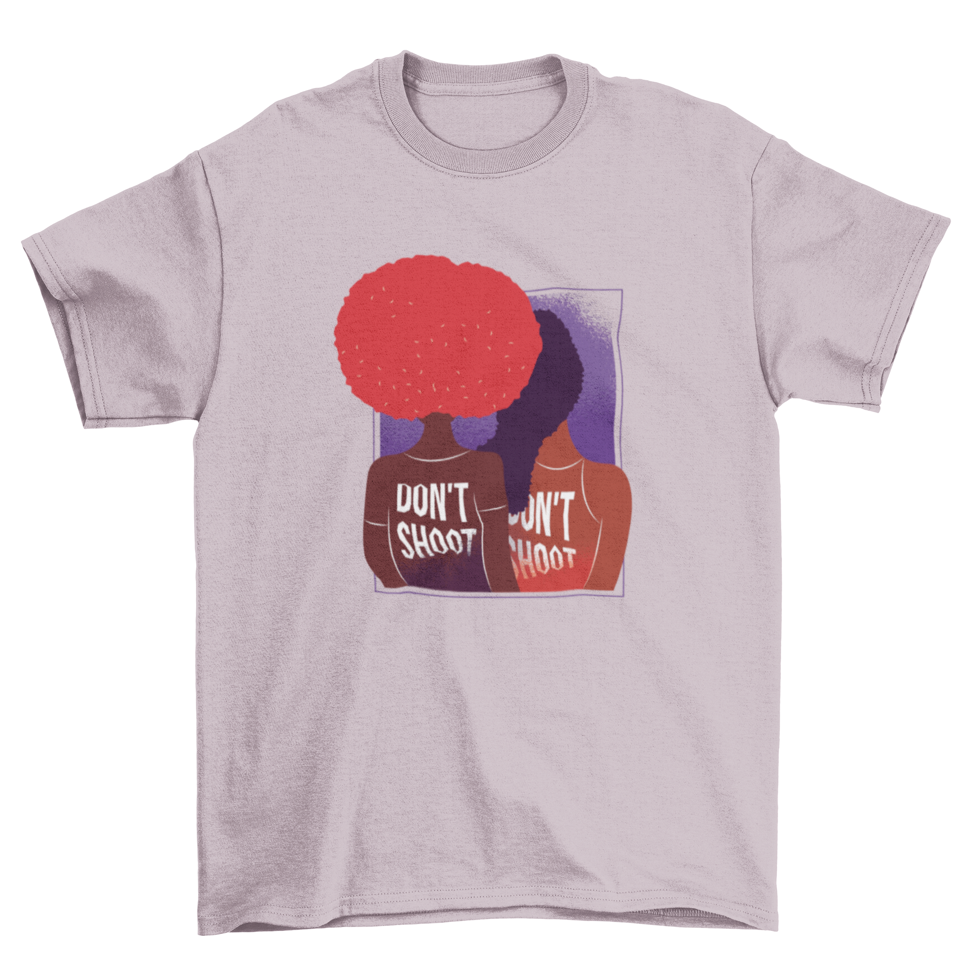 Don't Shoot T-Shirt Design featuring two women with the phrase Don't Shoot on their backs, showcasing a powerful message.