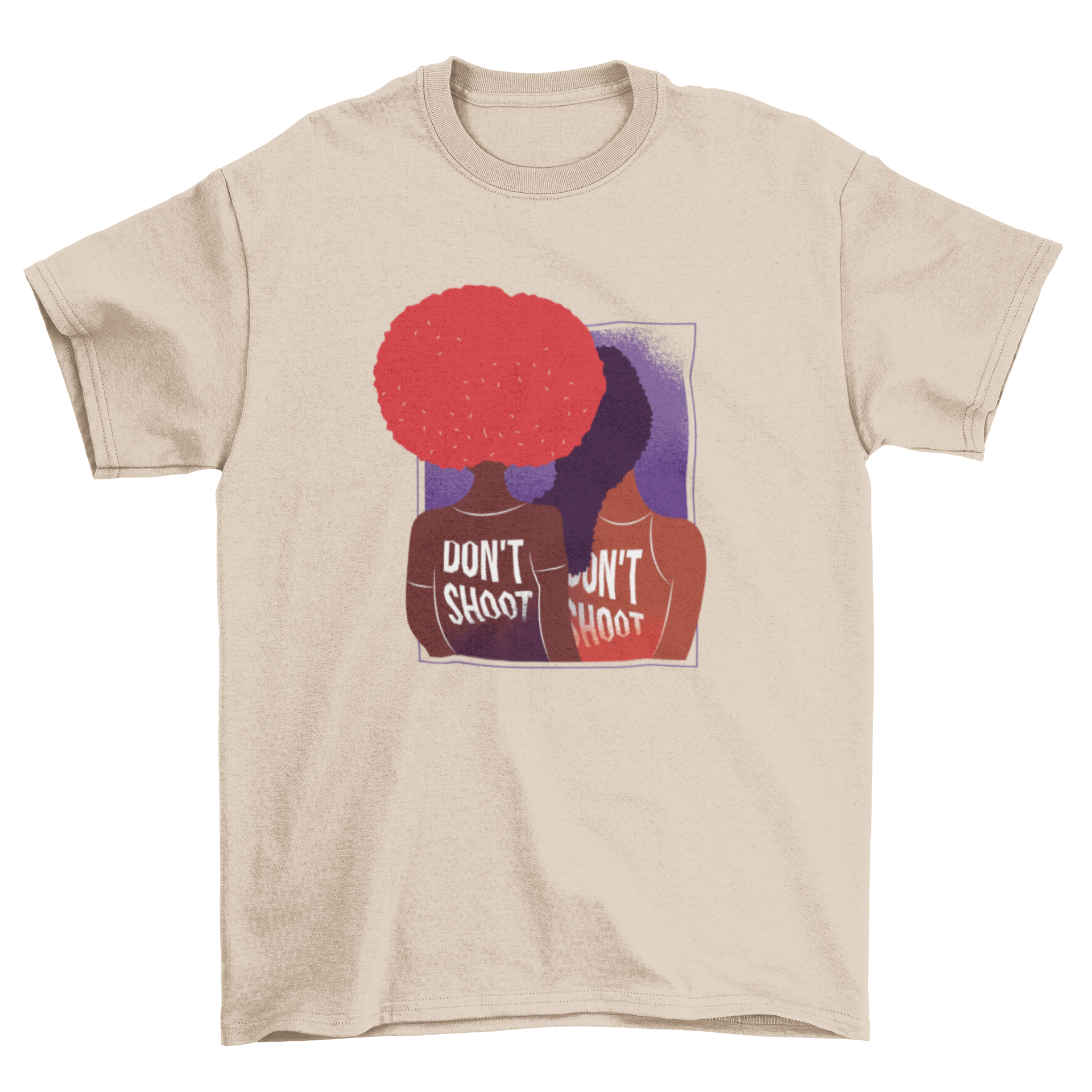 Don't Shoot T-Shirt Design featuring two women with the phrase Don't Shoot on their backs, showcasing a powerful message.