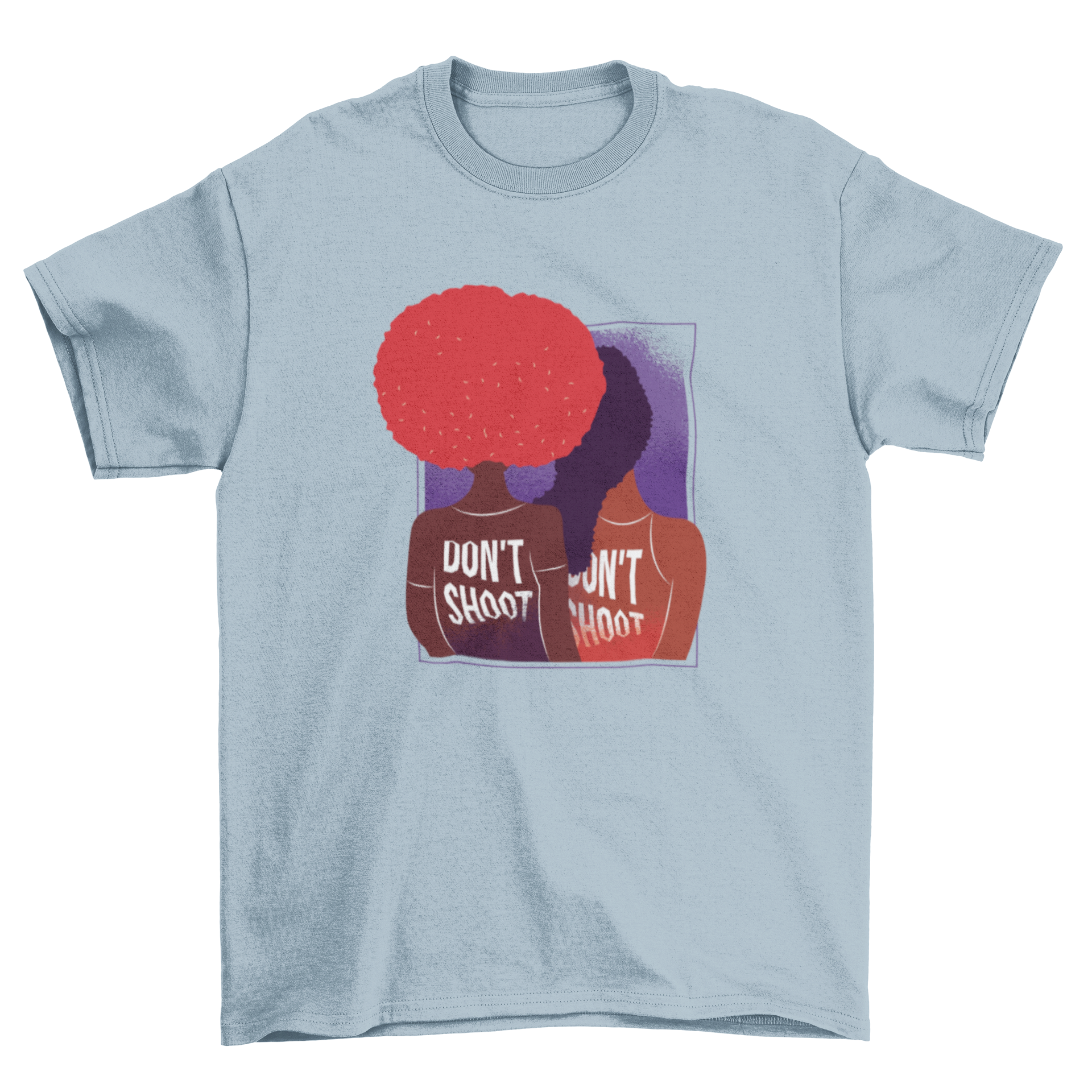 Don't Shoot T-Shirt Design featuring two women with the phrase Don't Shoot on their backs, showcasing a powerful message.