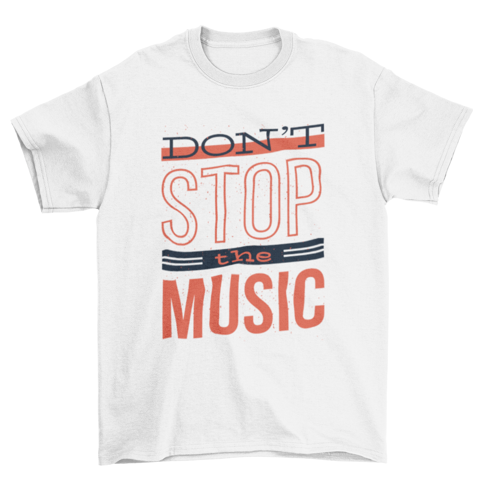 A stylish black and red t-shirt featuring the quote 'Don't Stop the Music' in various font styles.