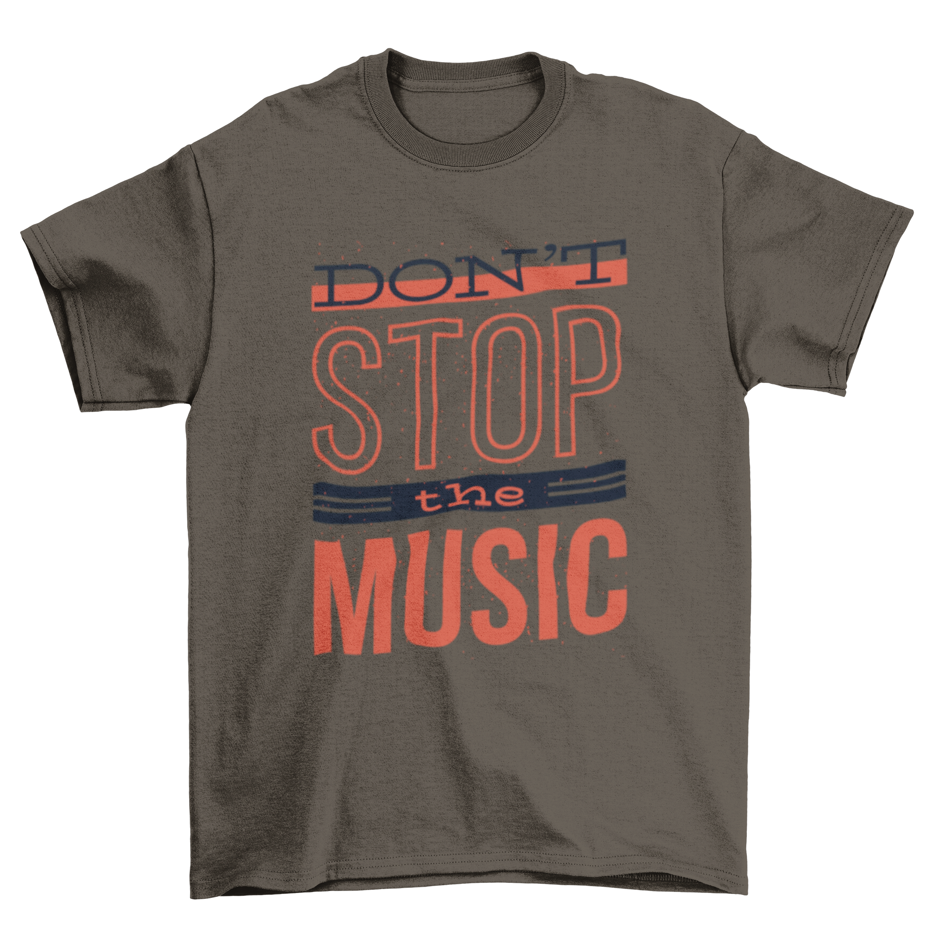 A stylish black and red t-shirt featuring the quote 'Don't Stop the Music' in various font styles.