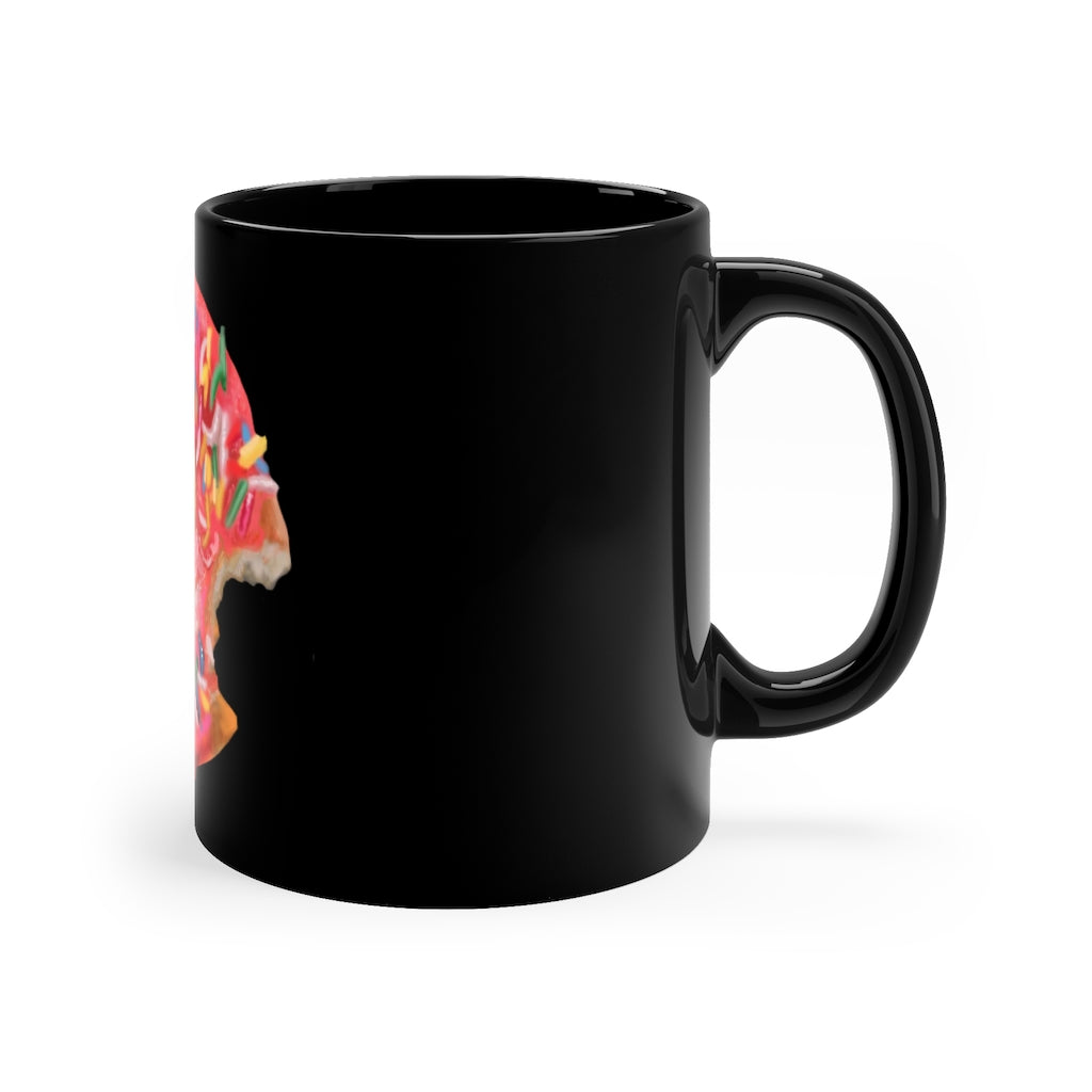 A sleek black ceramic mug with a C-handle, perfect for coffee or tea, showcasing its 11oz capacity and customizable design.