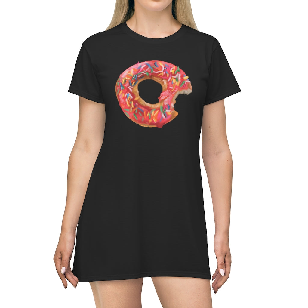 A vibrant Donut All Over Print T-Shirt Dress featuring a playful donut design, perfect for casual outings.