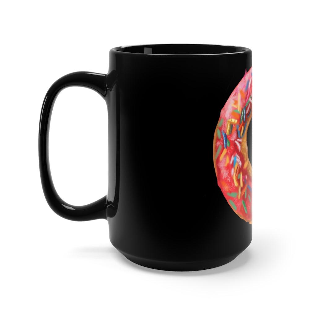 A stylish 15oz black ceramic mug with rounded corners and a C-handle, perfect for coffee and tea lovers.