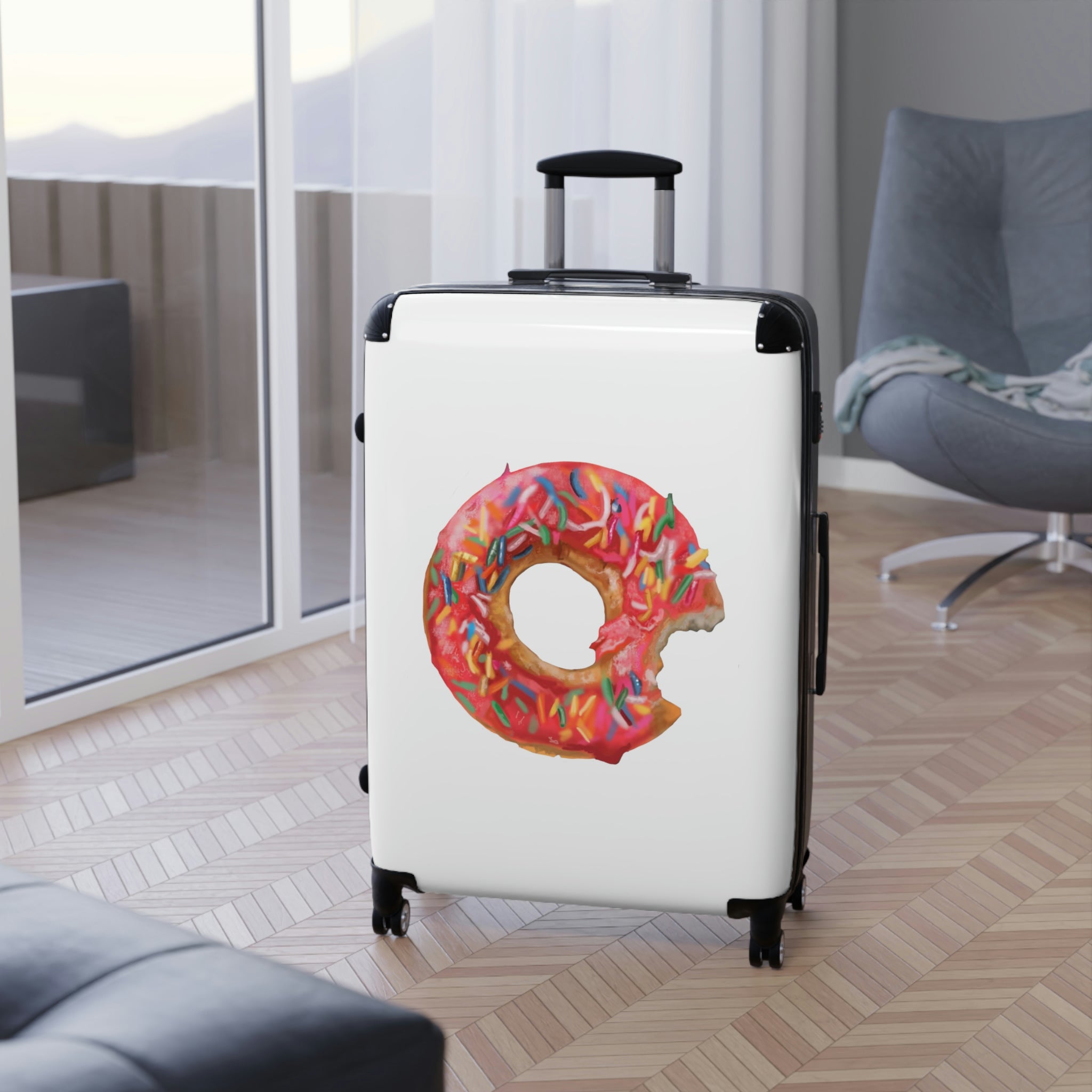 Donut Cabin Suitcase featuring a personalized design, lightweight structure, and durable hard-shell material.